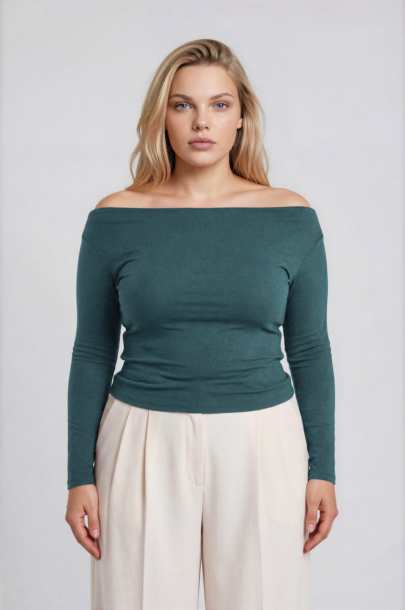 PLUS BOAT NECK PINTUCK DETAIL LONG SLEEVE KNIT TOP