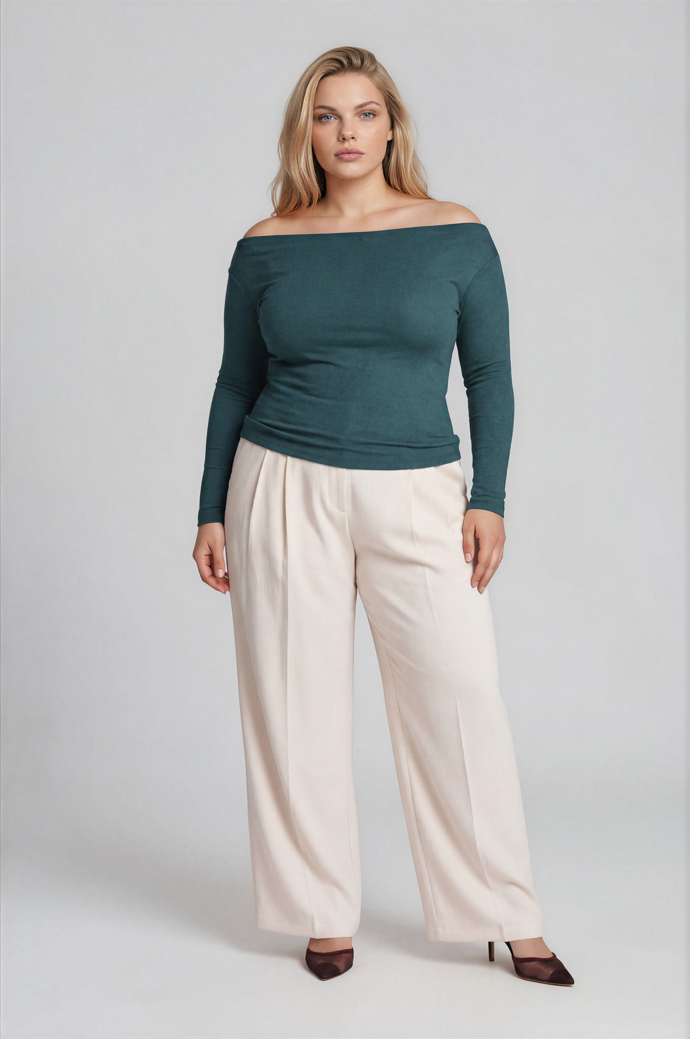 PLUS BOAT NECK PINTUCK DETAIL LONG SLEEVE KNIT TOP