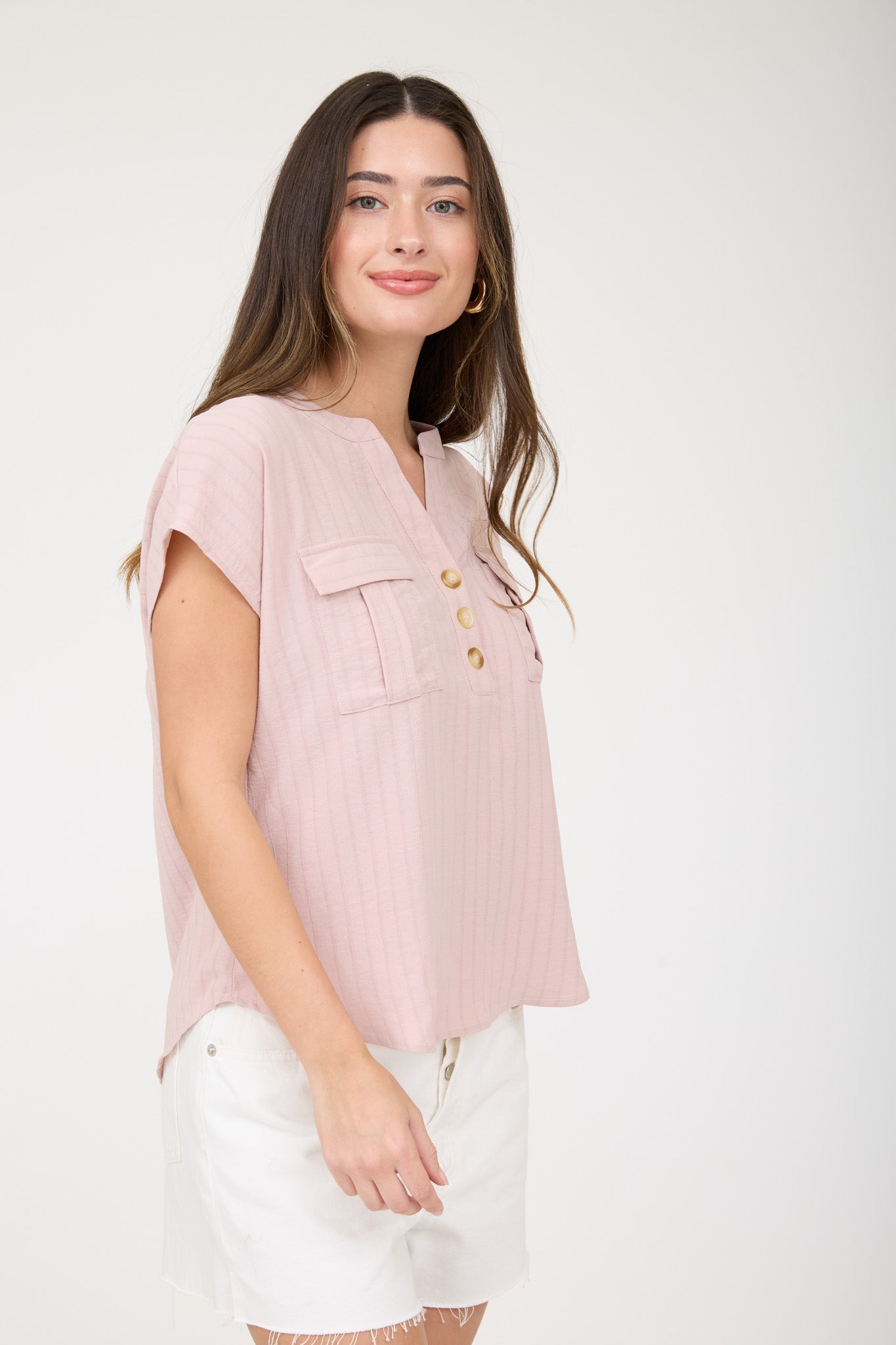 STRIPE POCKET DETAIL HALF BUTTON DOWN TOP