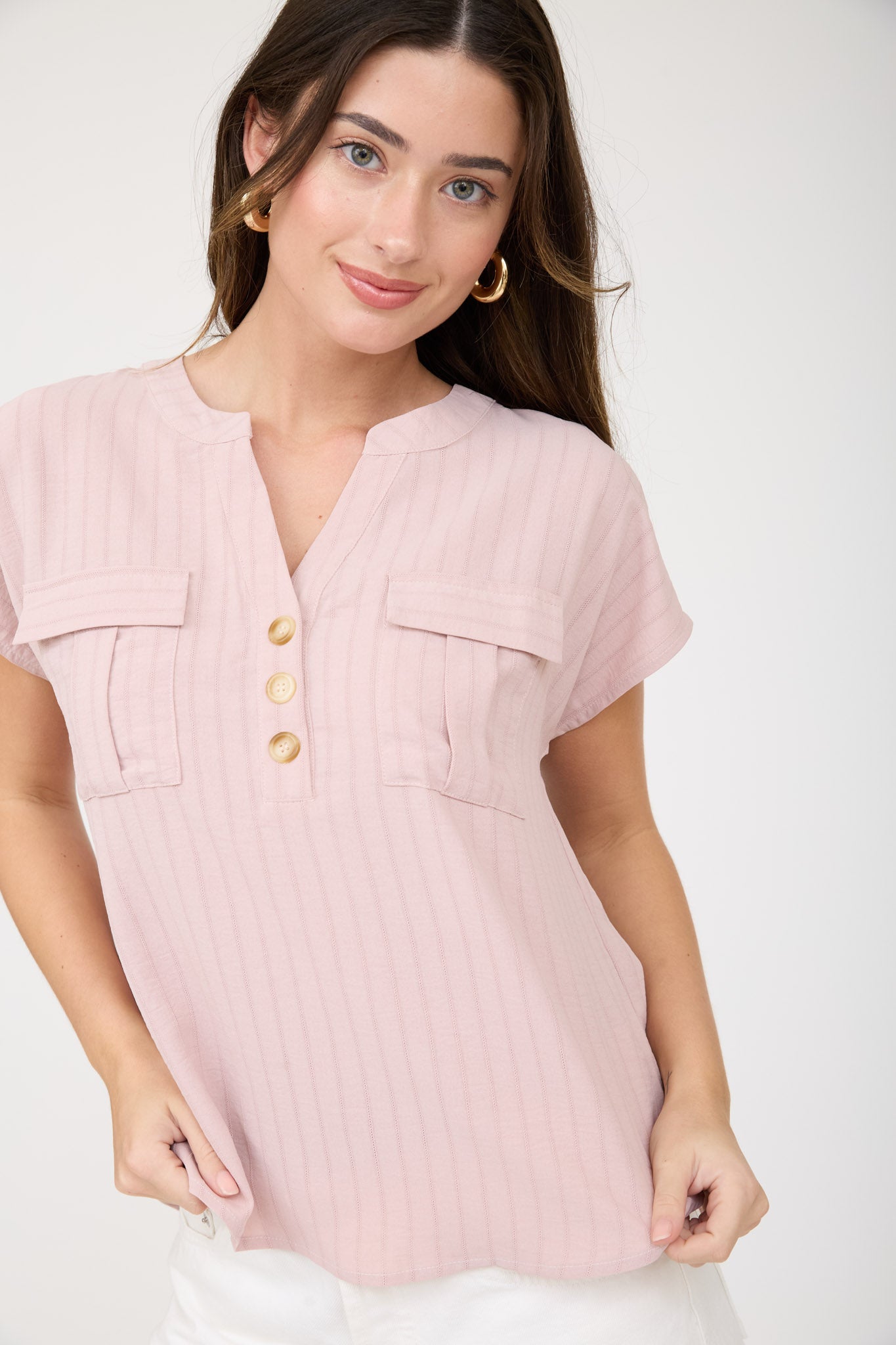 STRIPE POCKET DETAIL HALF BUTTON DOWN TOP
