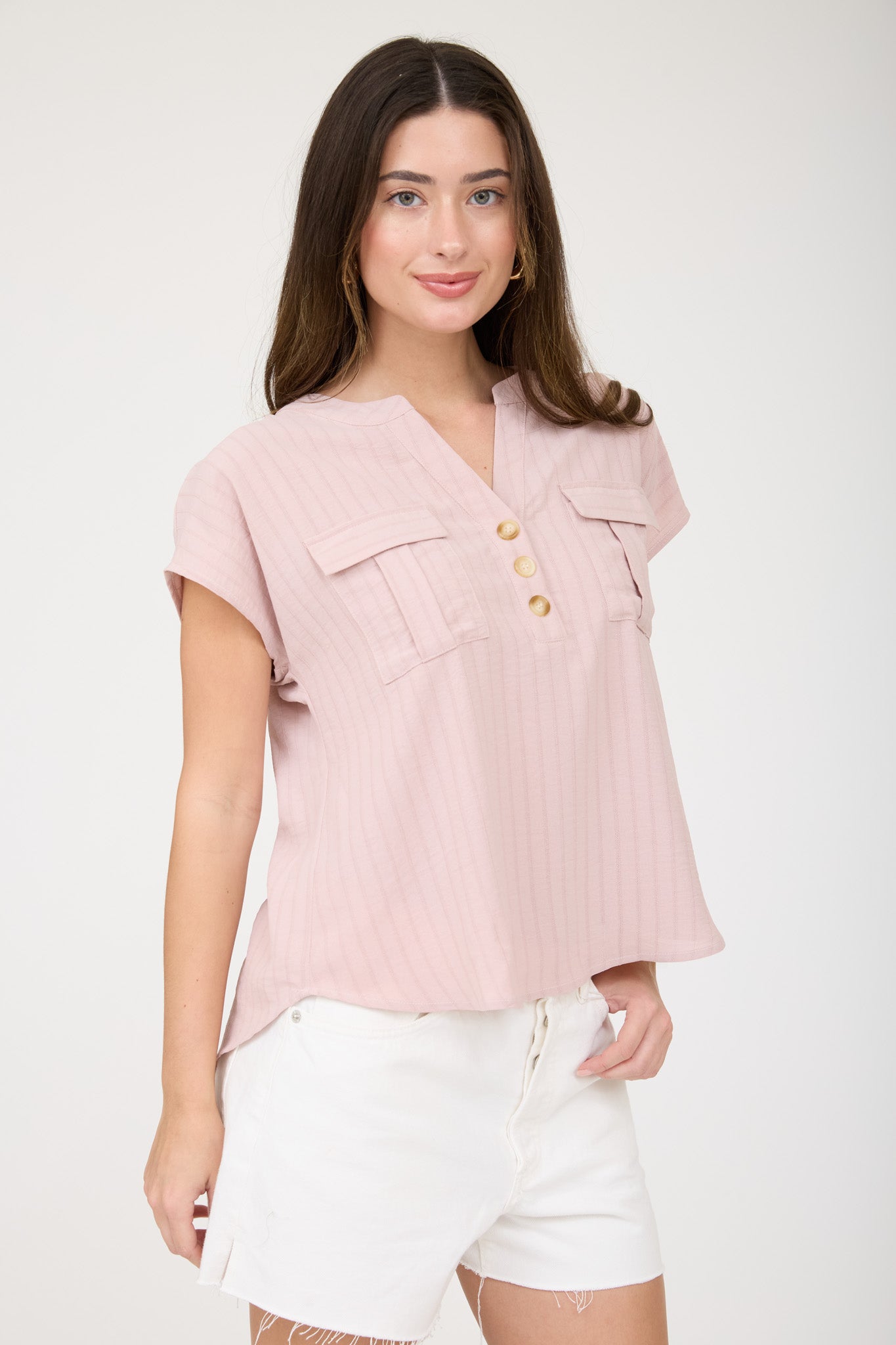 STRIPE POCKET DETAIL HALF BUTTON DOWN TOP