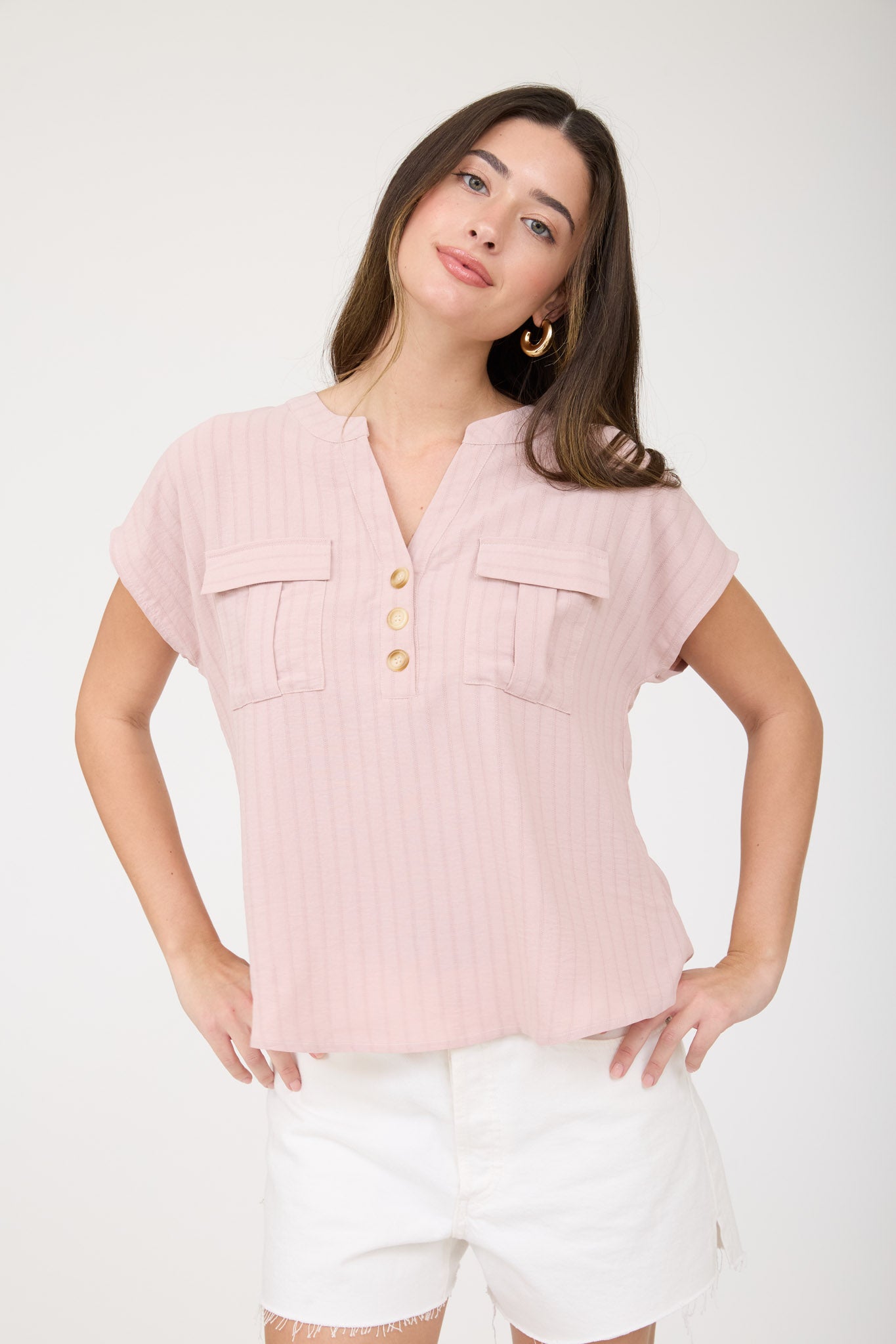 STRIPE POCKET DETAIL HALF BUTTON DOWN TOP