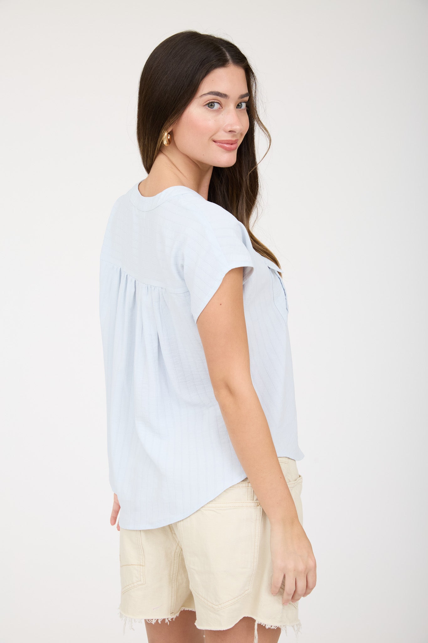 STRIPE POCKET DETAIL HALF BUTTON DOWN TOP