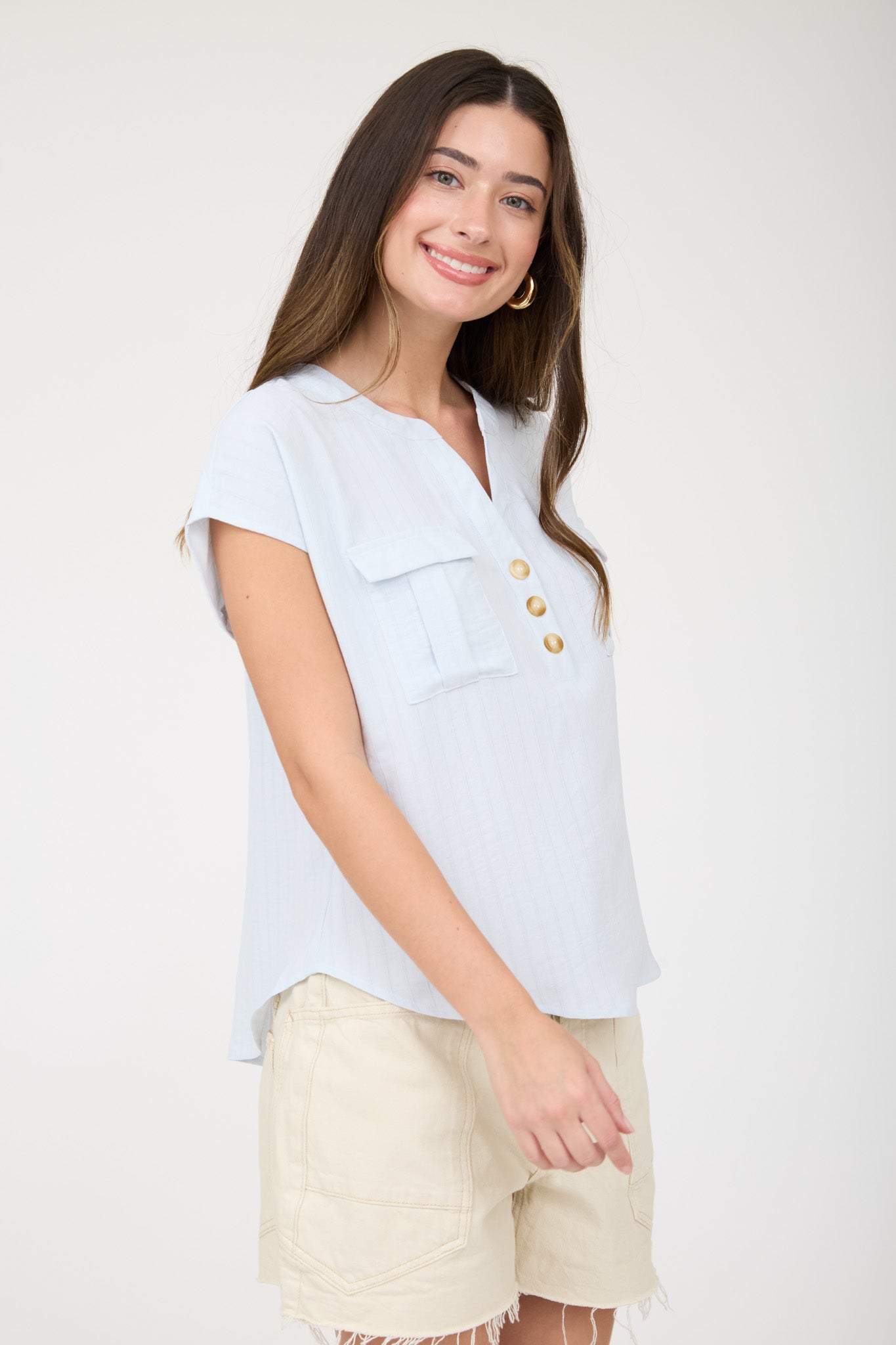 STRIPE POCKET DETAIL HALF BUTTON DOWN TOP