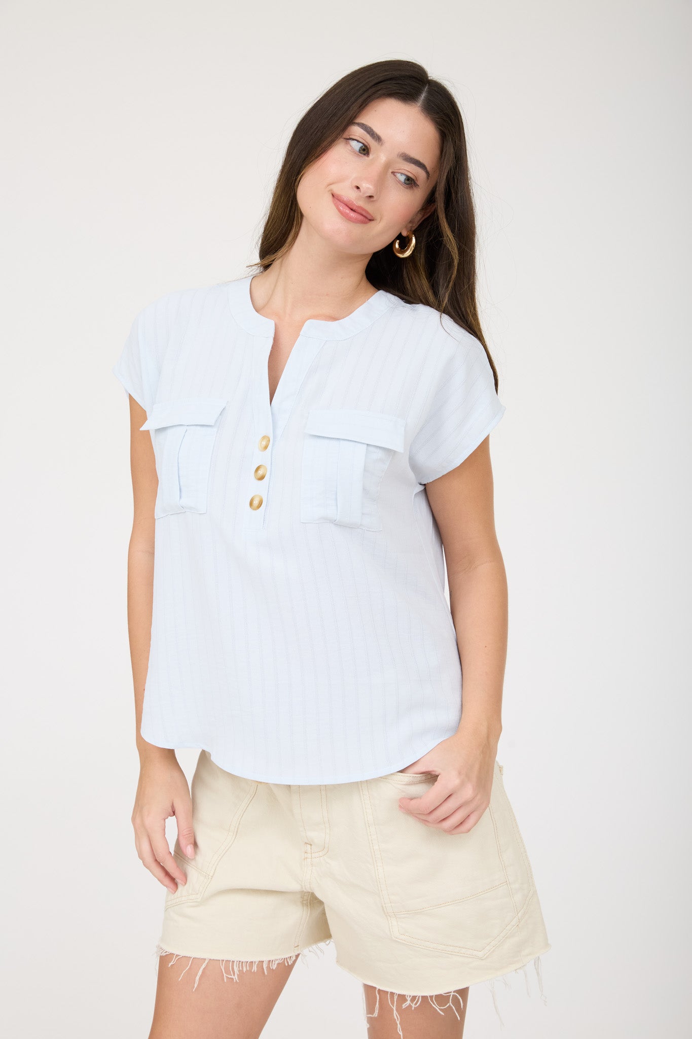 STRIPE POCKET DETAIL HALF BUTTON DOWN TOP