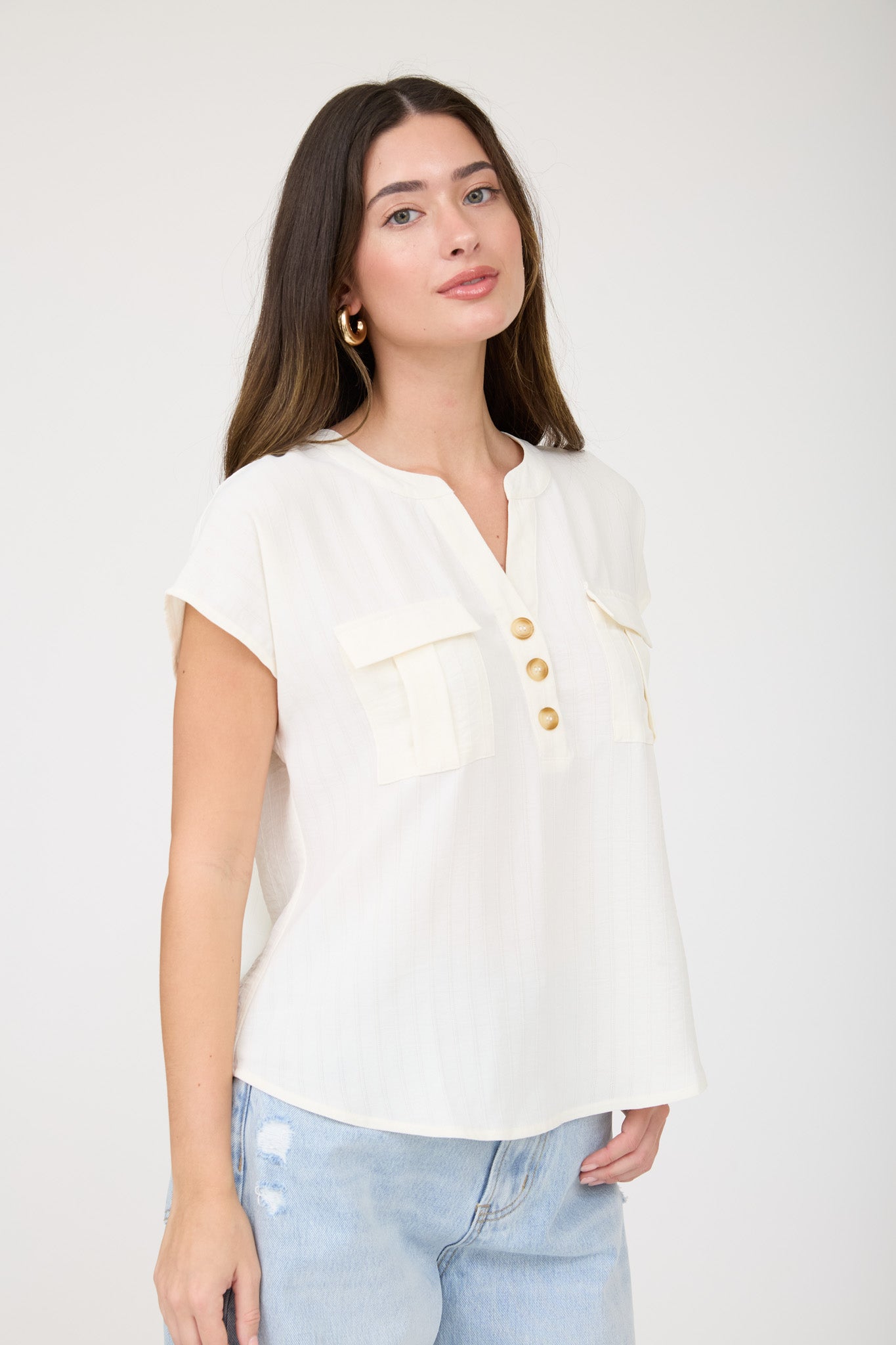 STRIPE POCKET DETAIL HALF BUTTON DOWN TOP