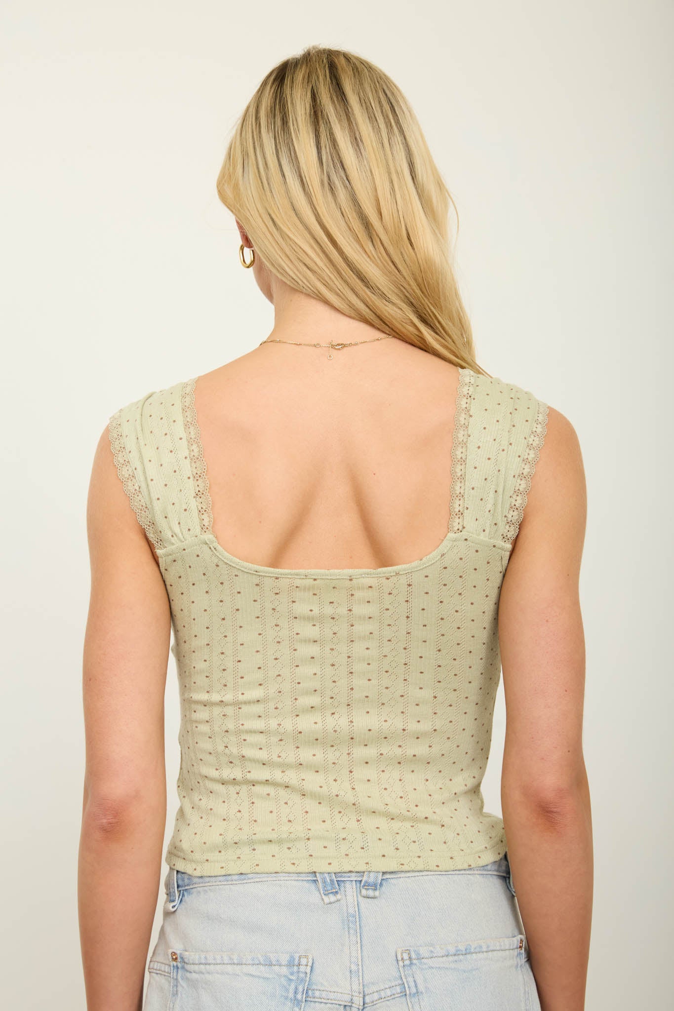 POLKA DOT POINTELLE LACE TRIM FRONT TIE KNIT TOP (PRE-ORDER)