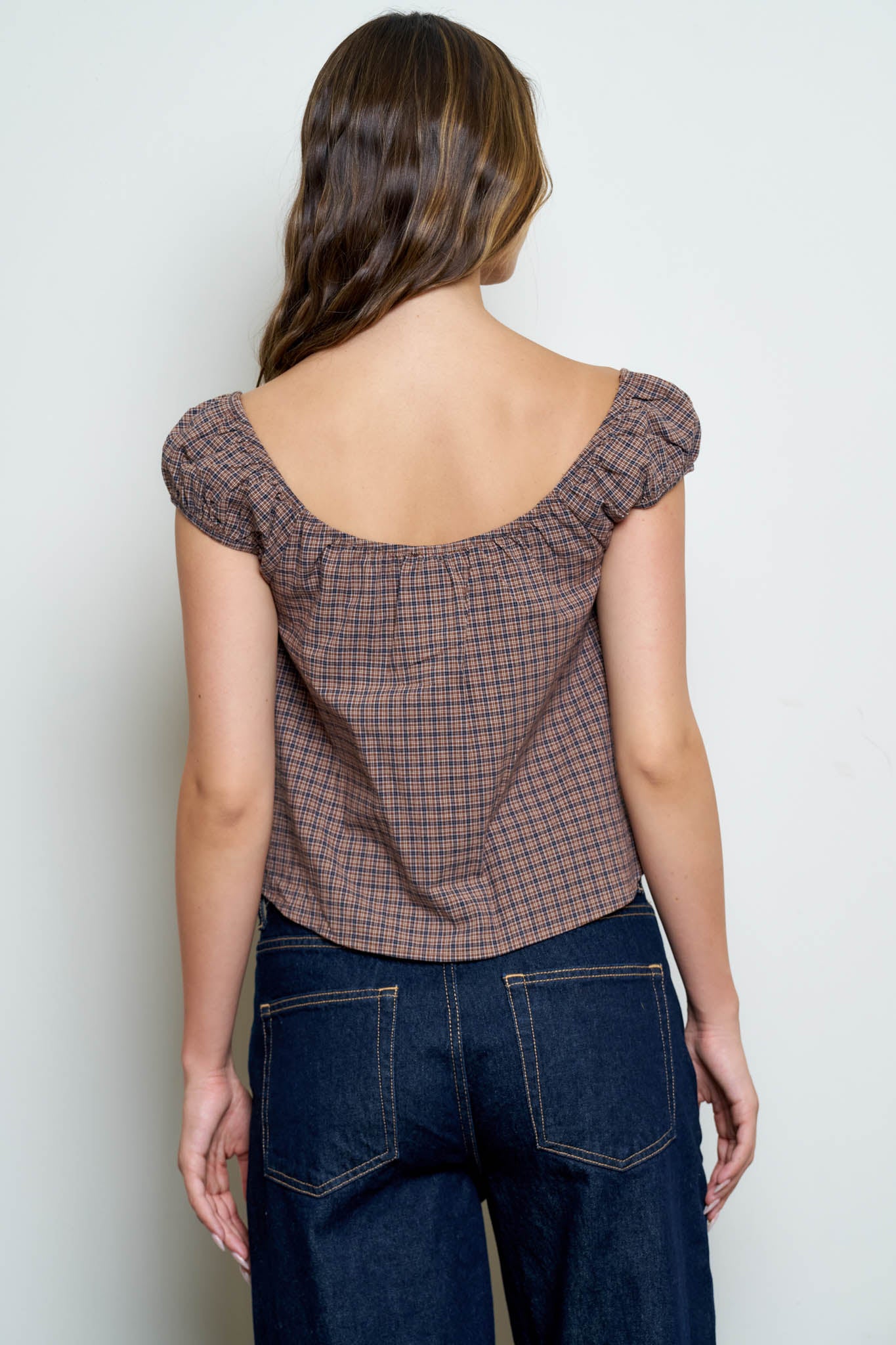 PLAID FRONT TIE BUTTON DOWN SHORT SLEEVE TOP
