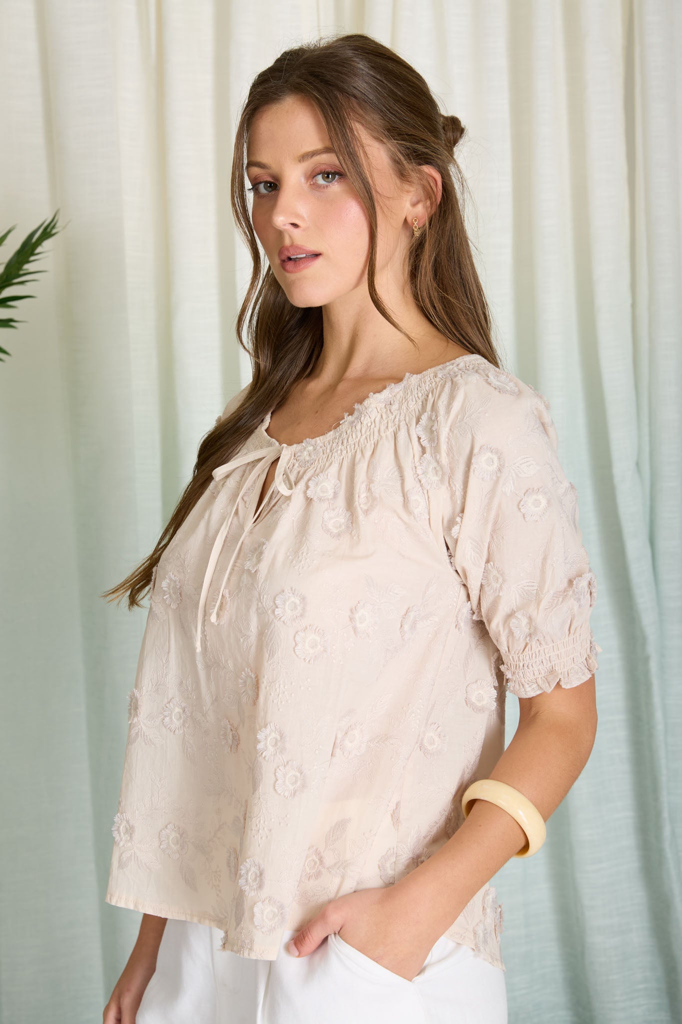 EMBROIDERED 3D FLORAL OFF THE SHOULDER BLOUSE