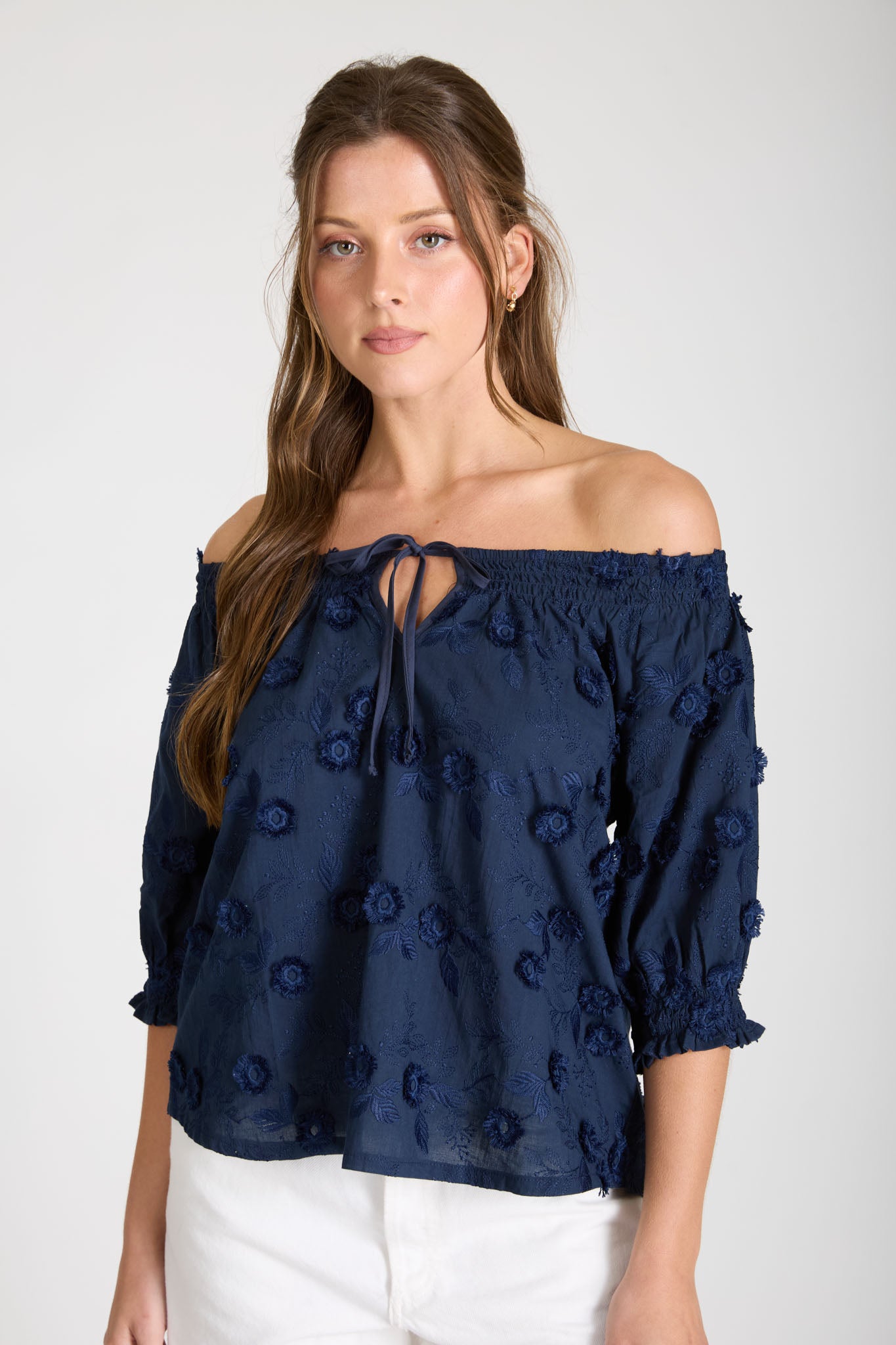 EMBROIDERED 3D FLORAL OFF THE SHOULDER BLOUSE