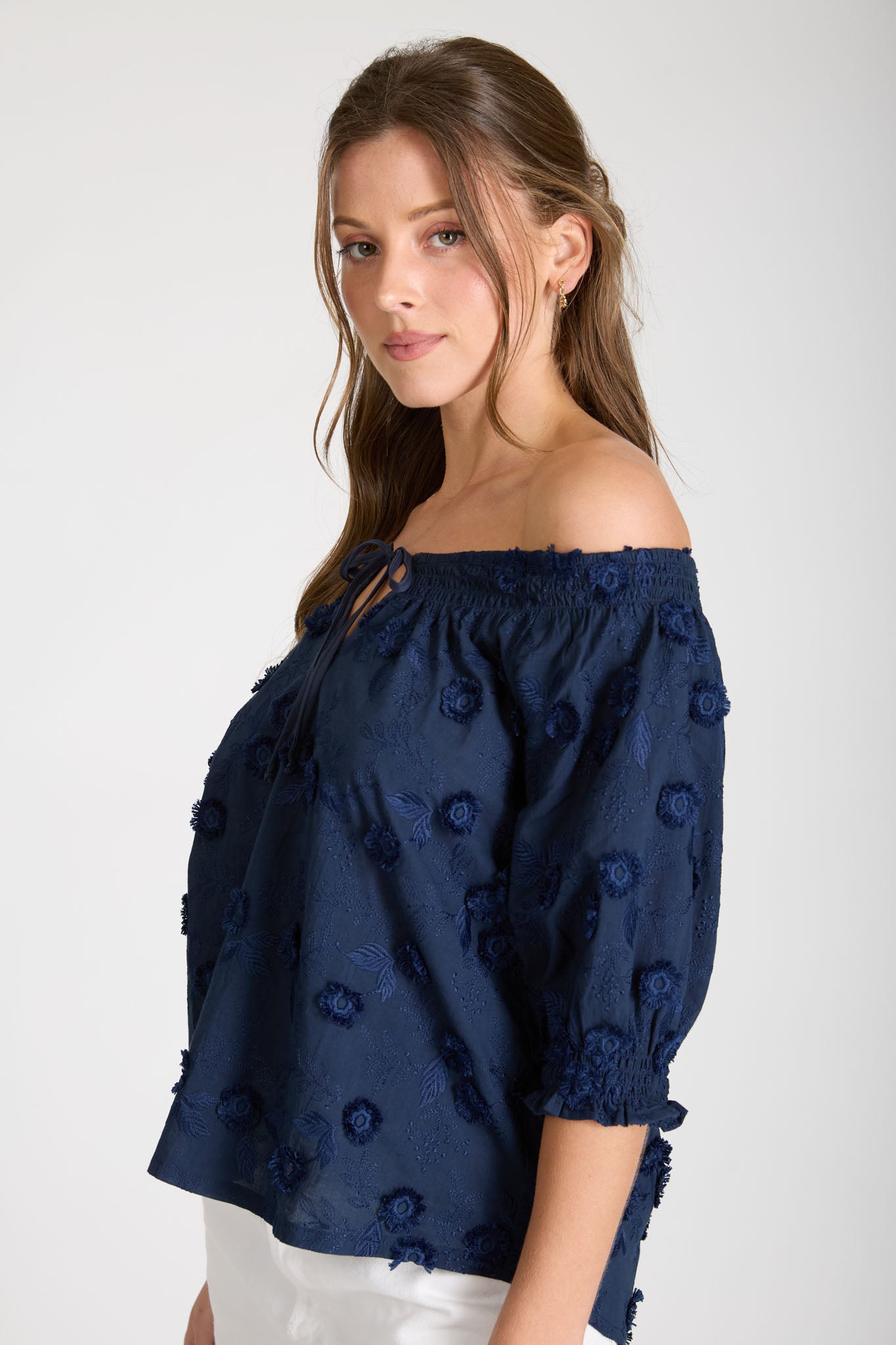EMBROIDERED 3D FLORAL OFF THE SHOULDER BLOUSE