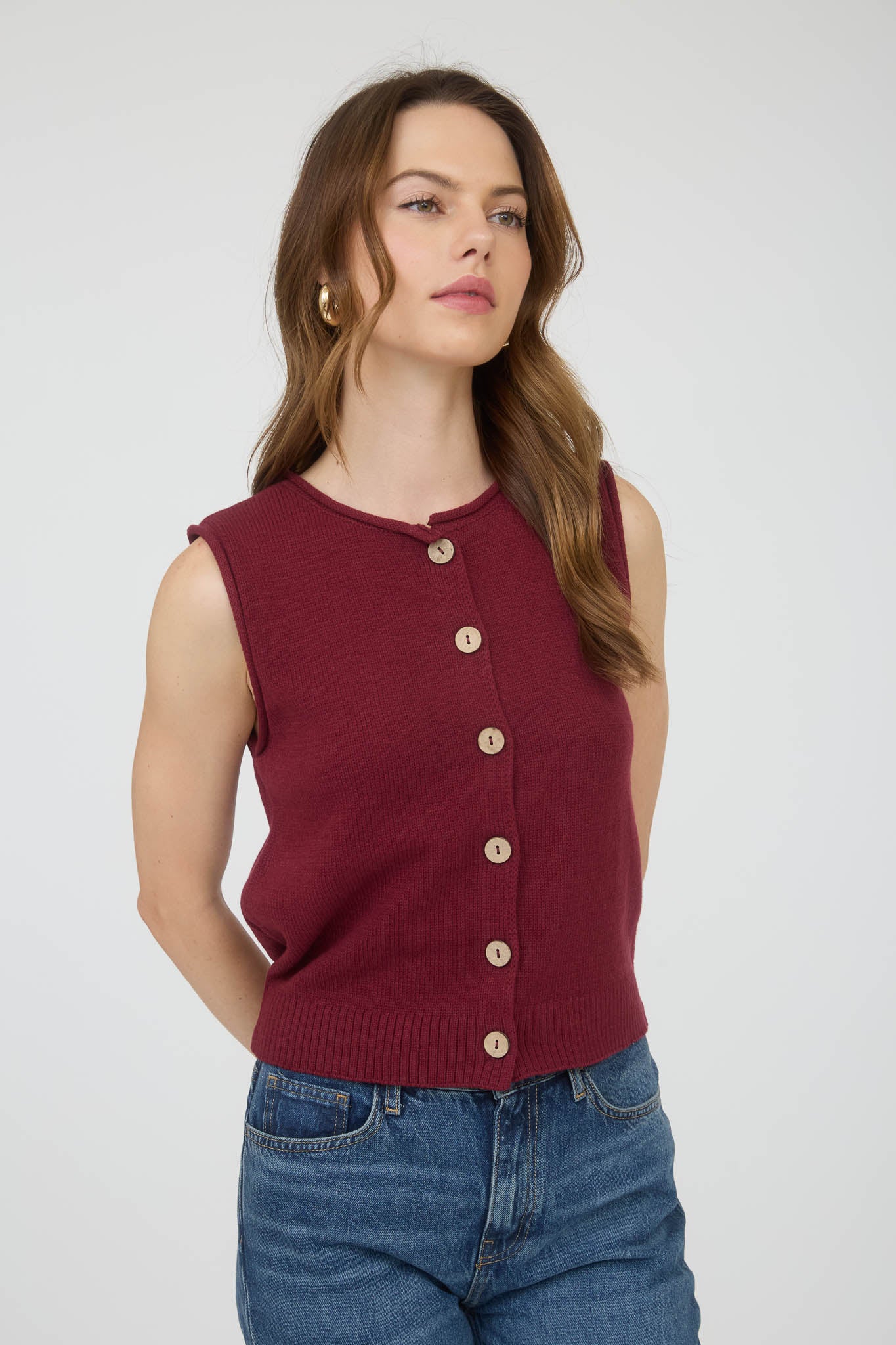 RAW EDGE BUTTON DOWN KNIT CARDIGAN VEST TOP
