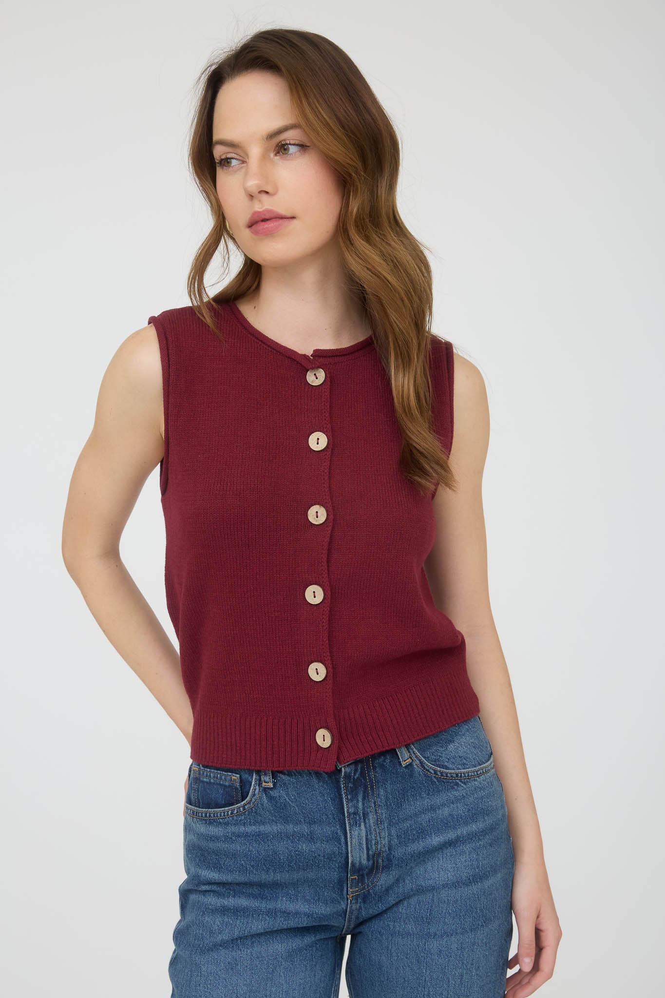 RAW EDGE BUTTON DOWN KNIT CARDIGAN VEST TOP