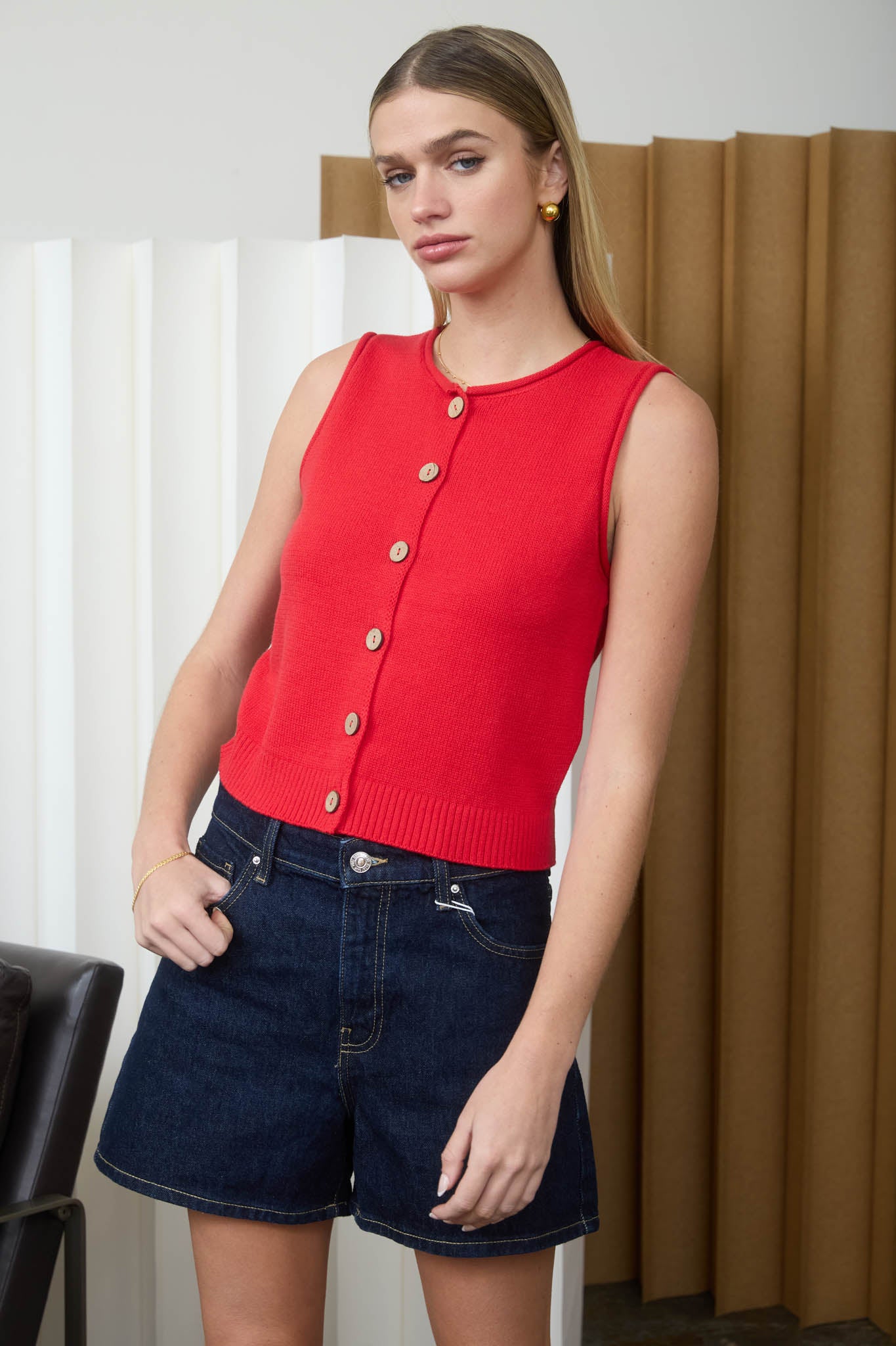 RAW EDGE BUTTON DOWN KNIT CARDIGAN VEST TOP