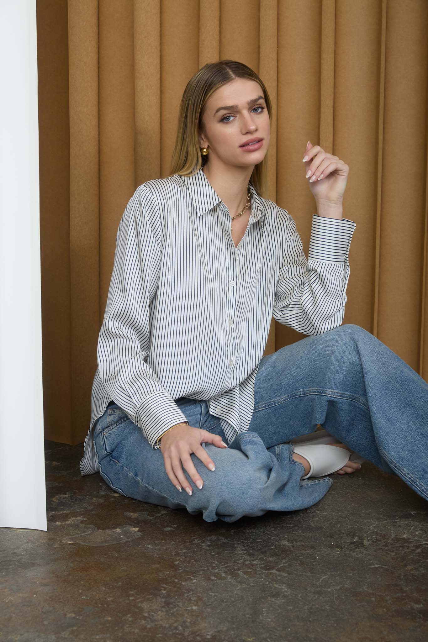 PINSTRIPE PATTERN COLLARED LONG SLEEVE SHIRT