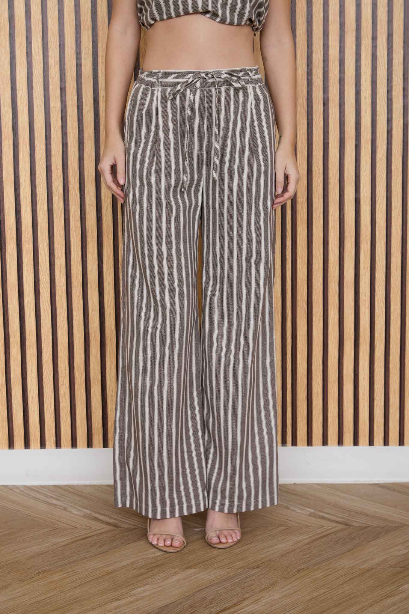 STRIPE WAIST TIE STRAP DETAIL LINEN PANTS