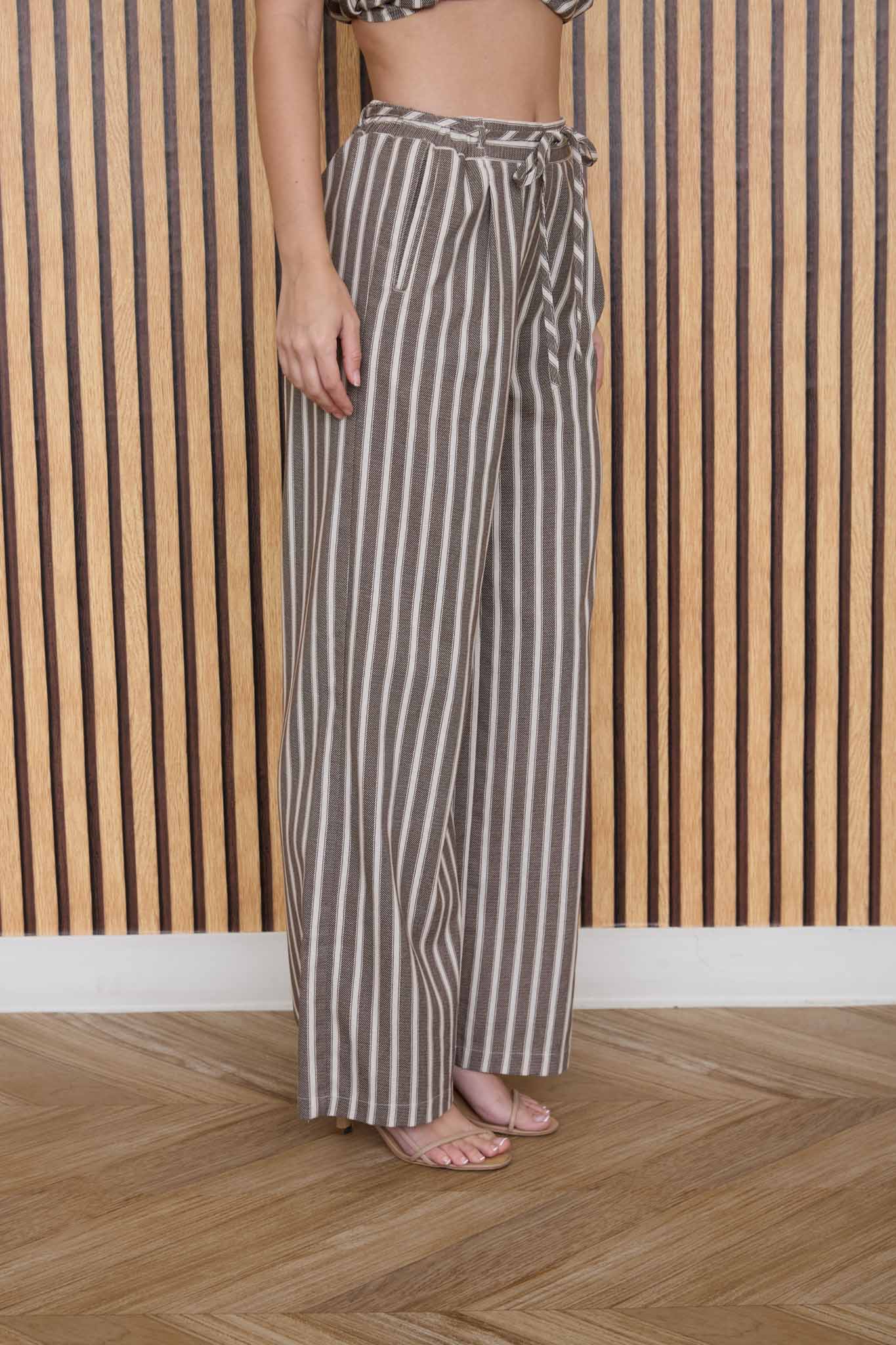 STRIPE WAIST TIE STRAP DETAIL LINEN PANTS