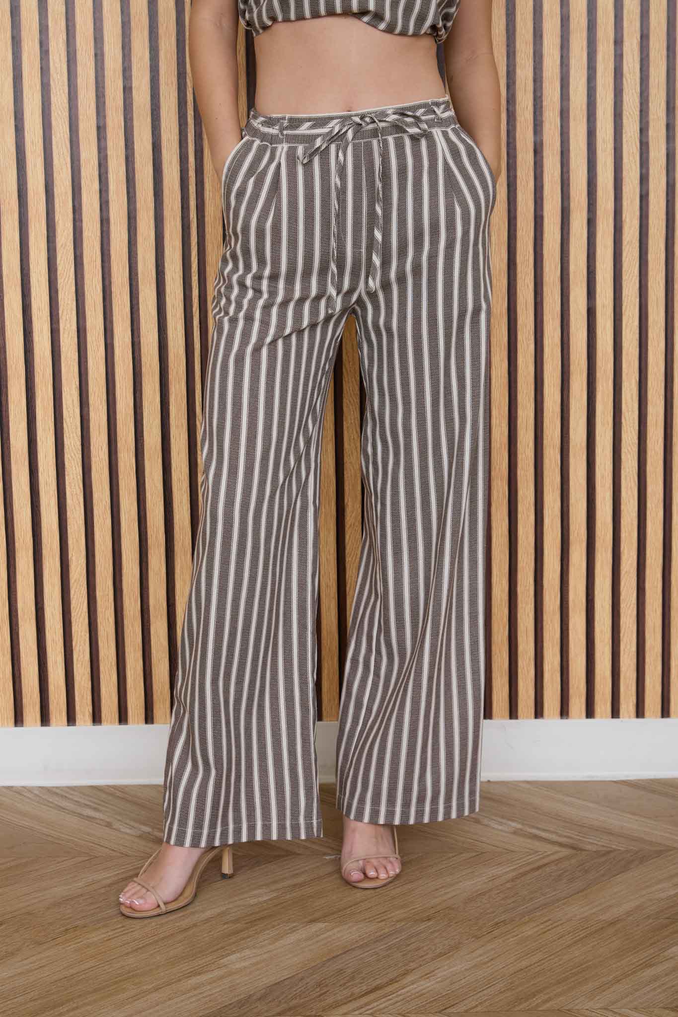 STRIPE WAIST TIE STRAP DETAIL LINEN PANTS