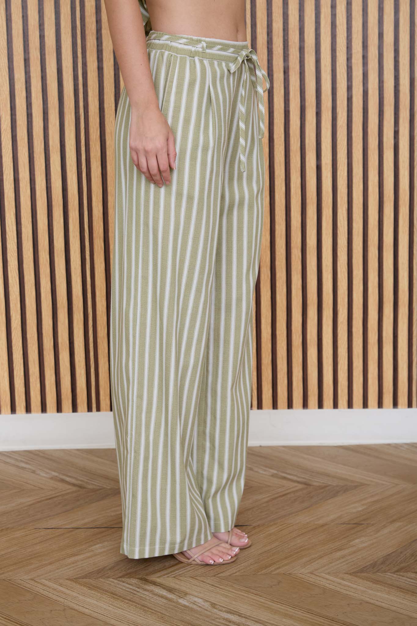 STRIPE WAIST TIE STRAP DETAIL LINEN PANTS