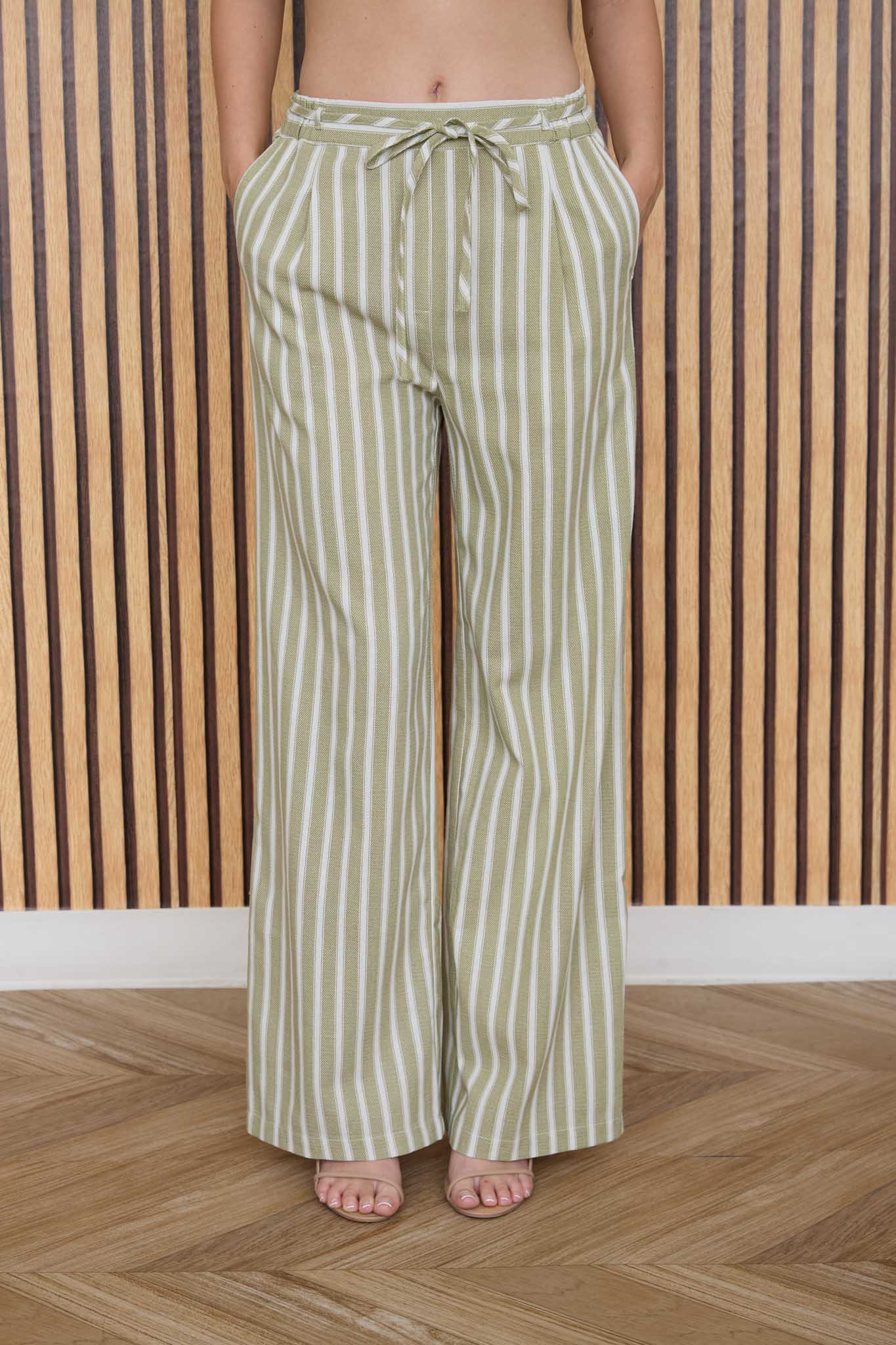 STRIPE WAIST TIE STRAP DETAIL LINEN PANTS