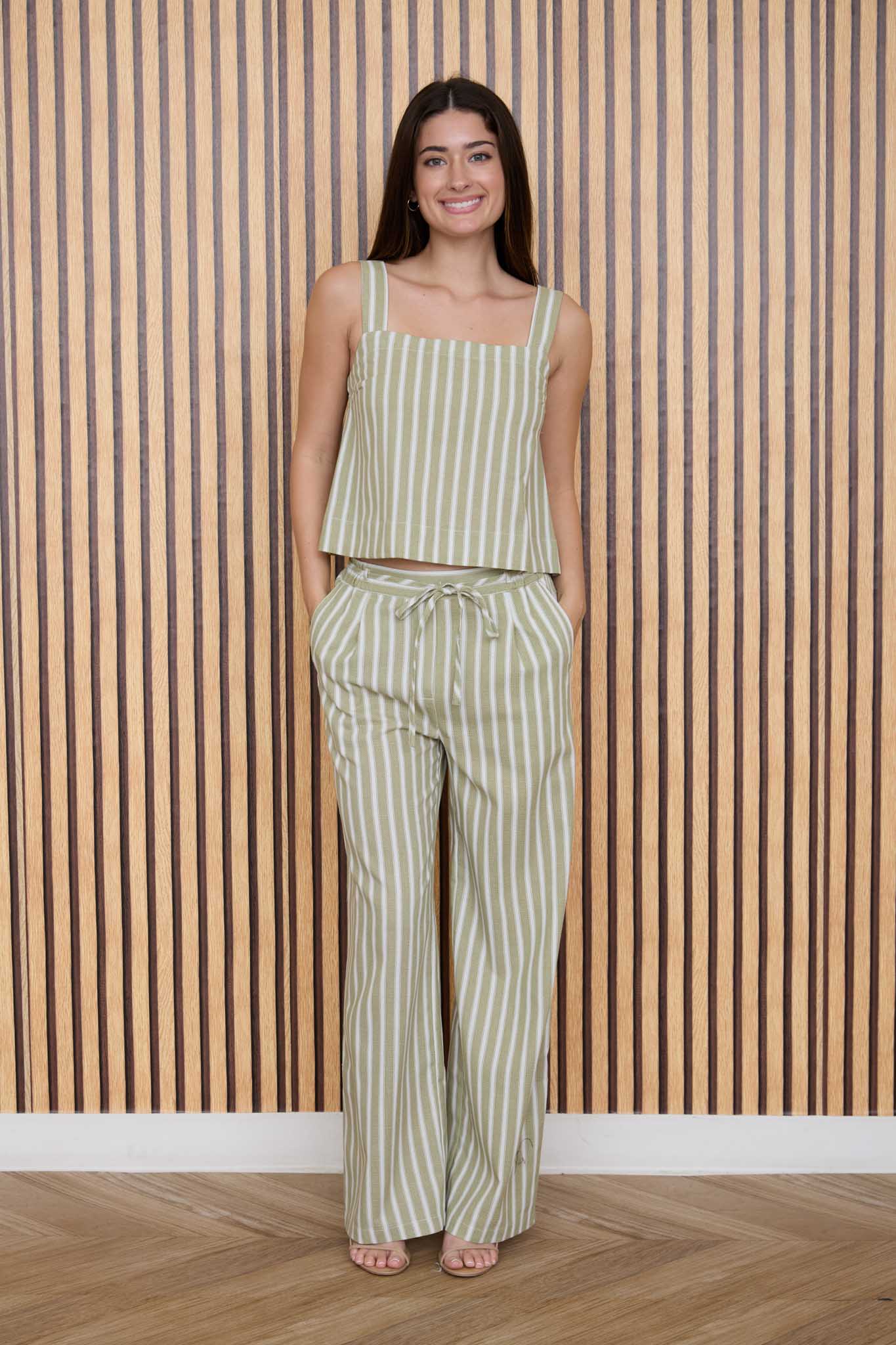 STRIPE WAIST TIE STRAP DETAIL LINEN PANTS
