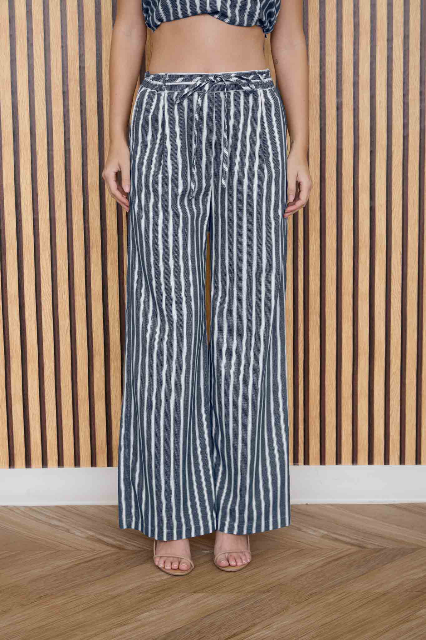 STRIPE WAIST TIE STRAP DETAIL LINEN PANTS
