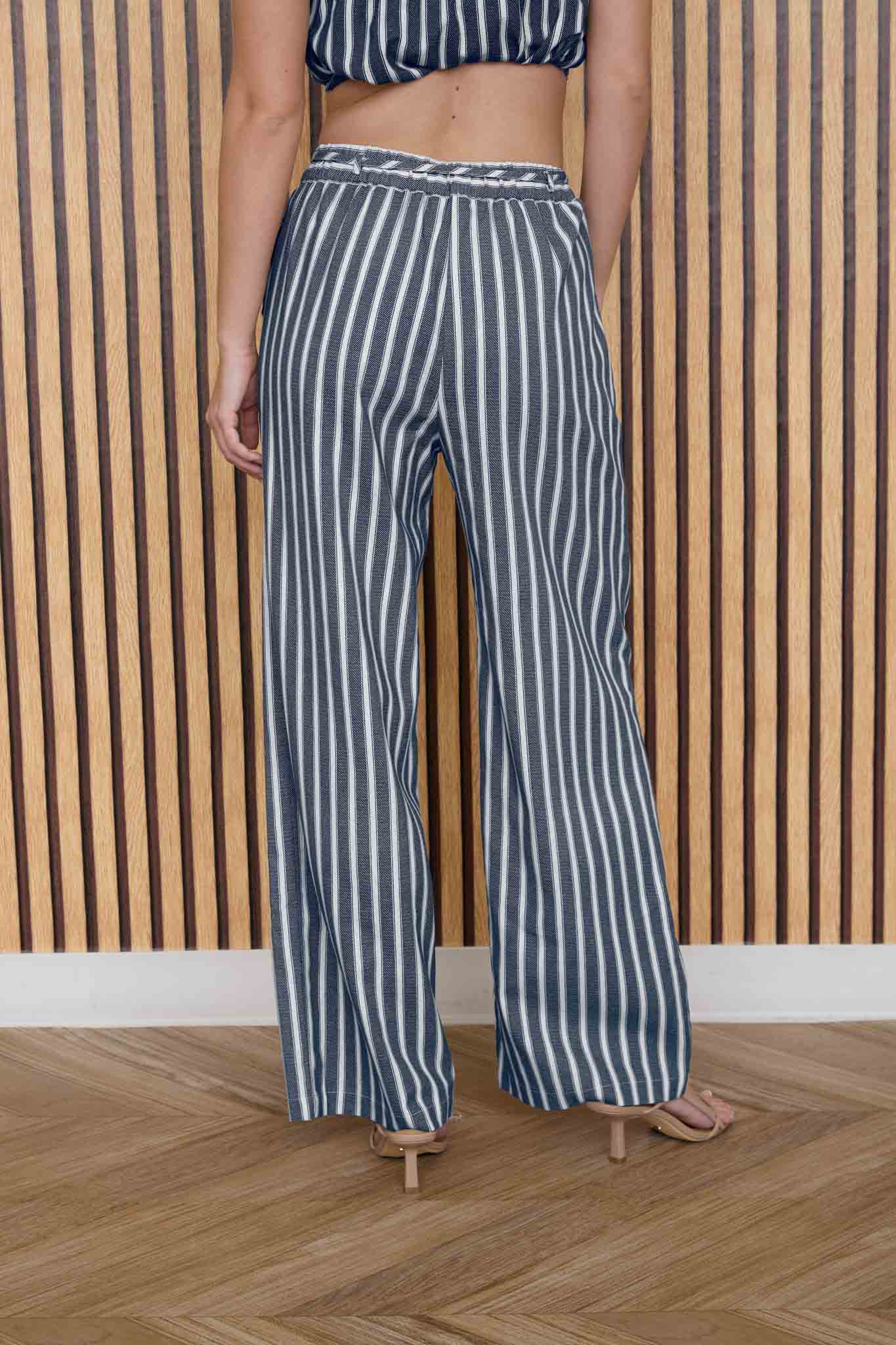 STRIPE WAIST TIE STRAP DETAIL LINEN PANTS