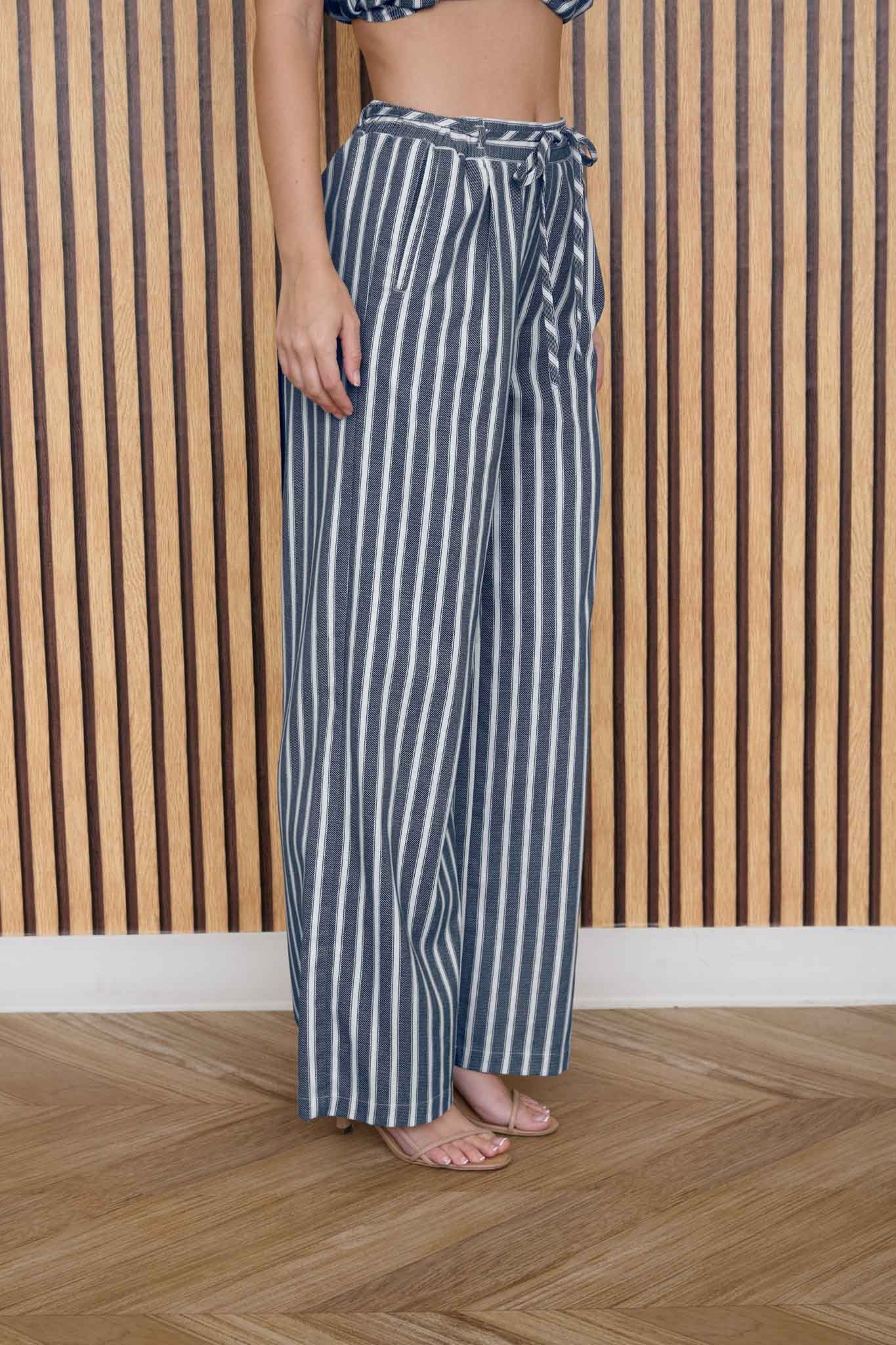 STRIPE WAIST TIE STRAP DETAIL LINEN PANTS