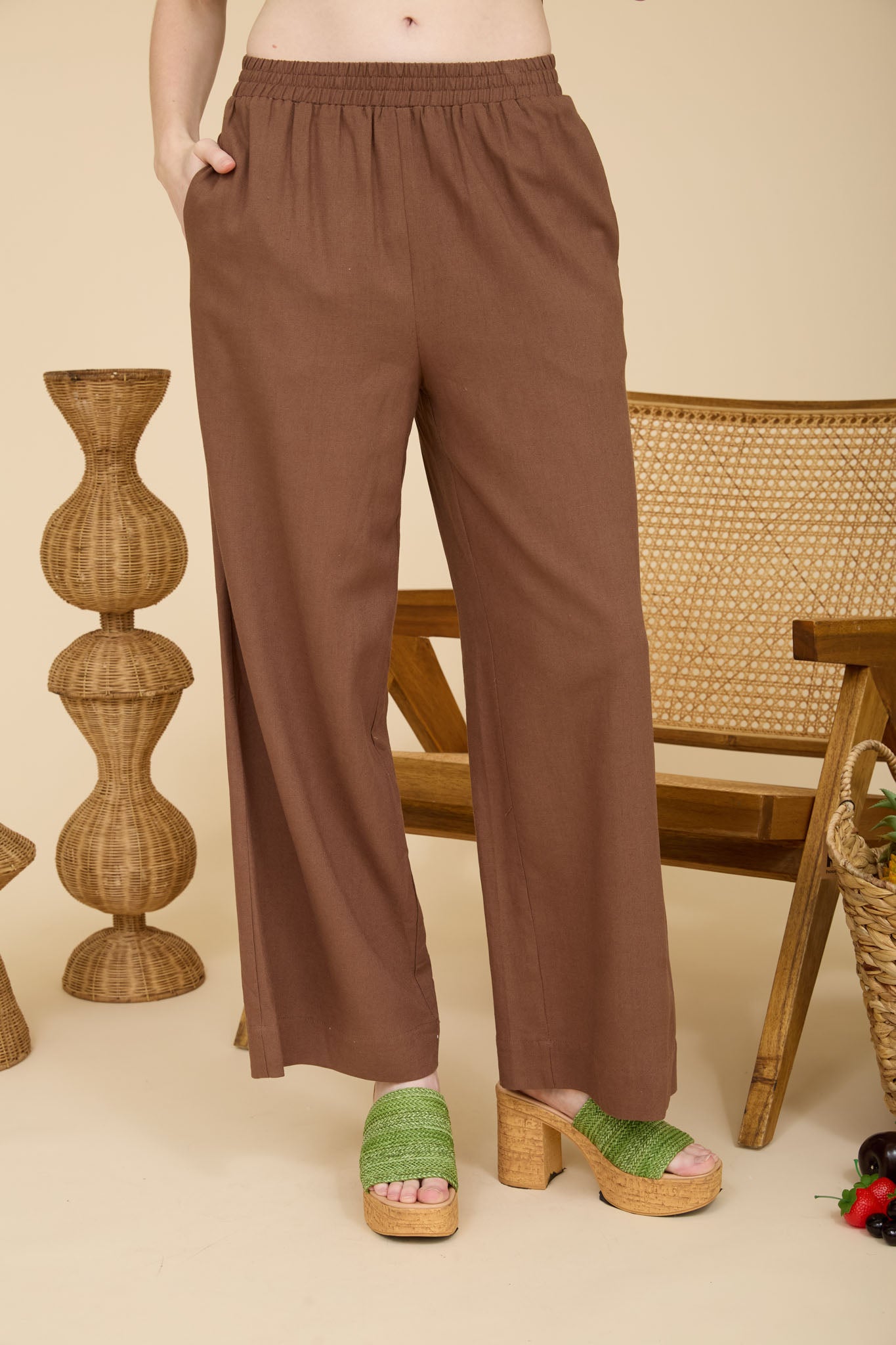 ELASTIC WAIST WIDE LEG LINEN PANTS