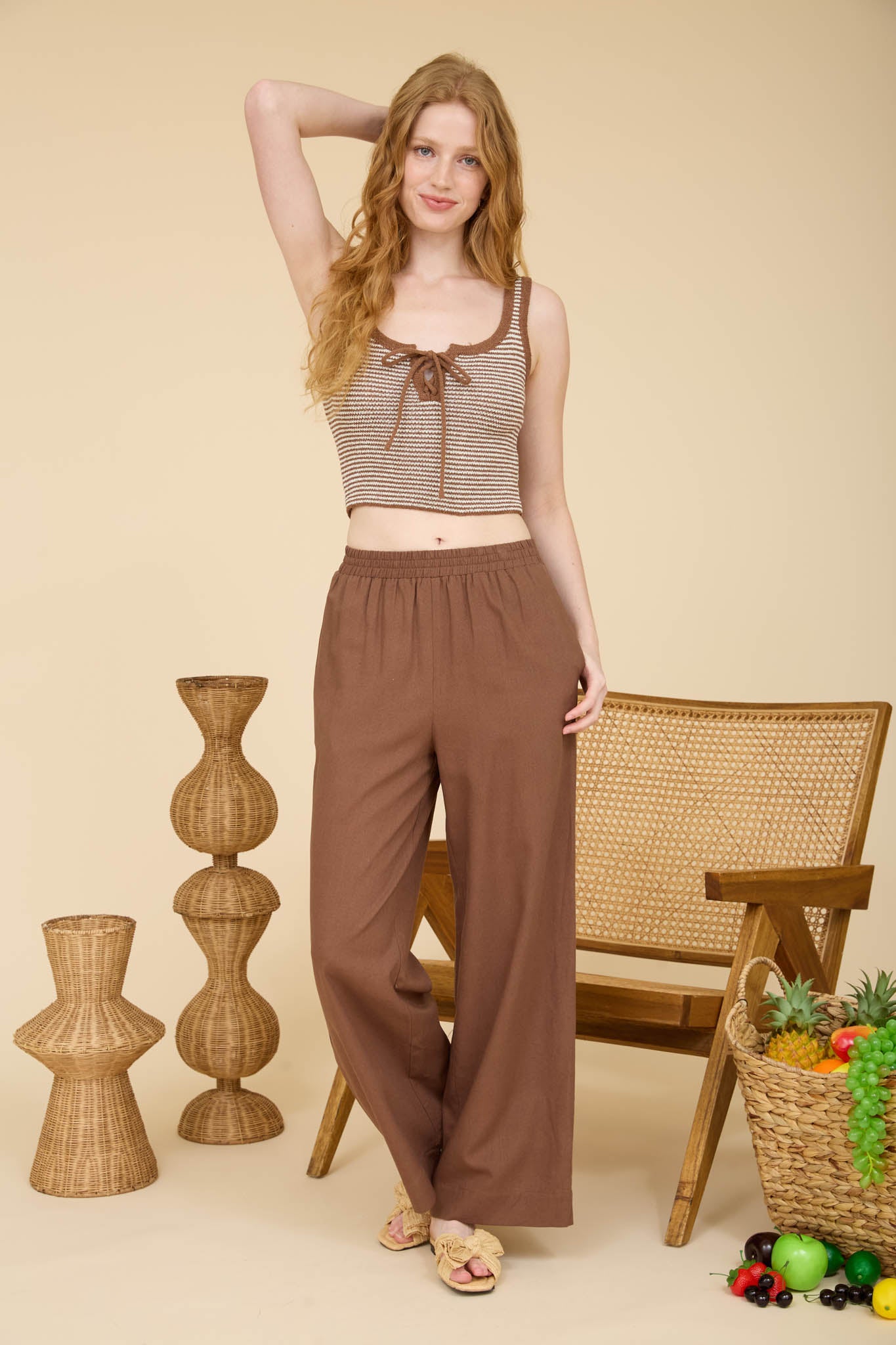 ELASTIC WAIST WIDE LEG LINEN PANTS