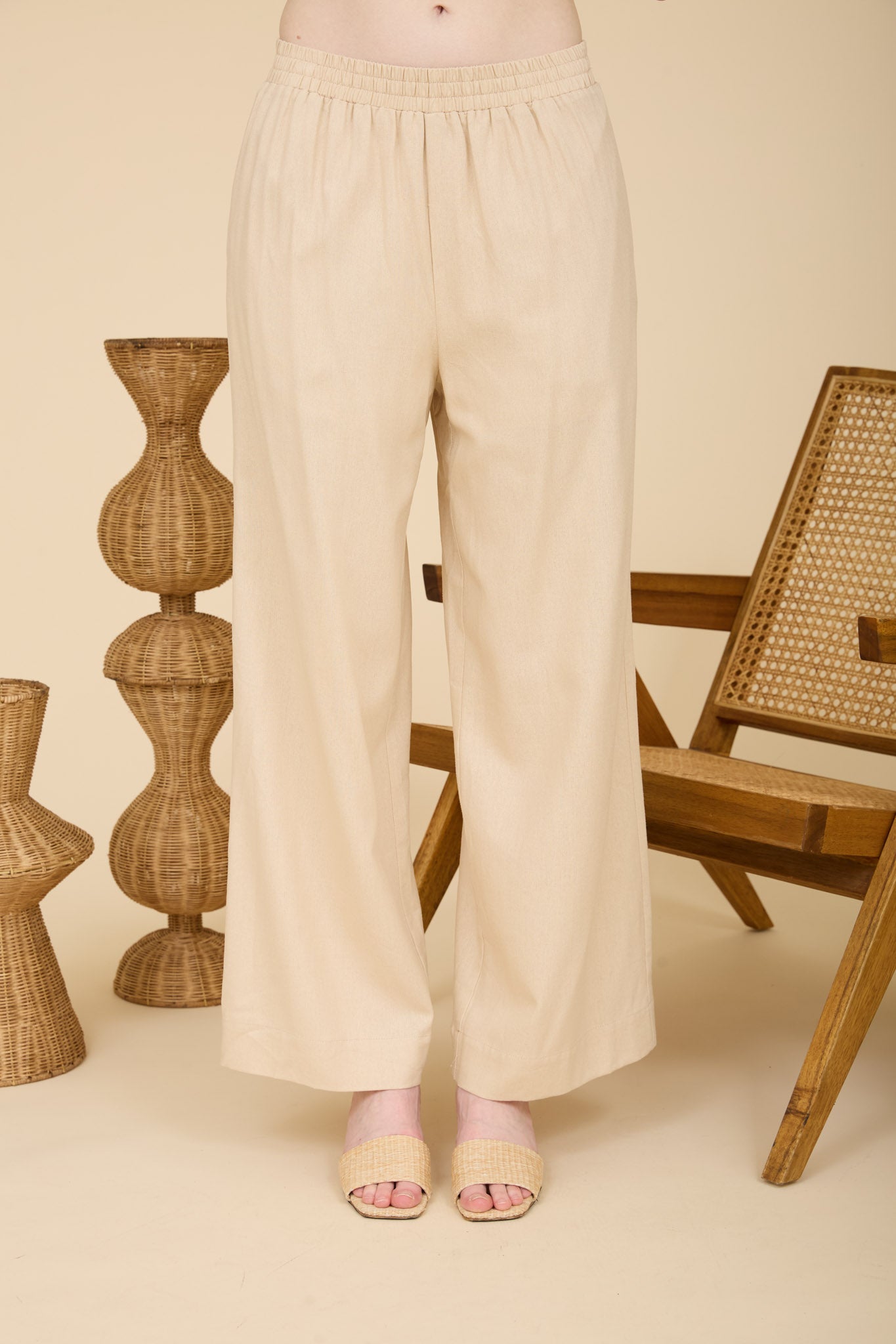 ELASTIC WAIST WIDE LEG LINEN PANTS