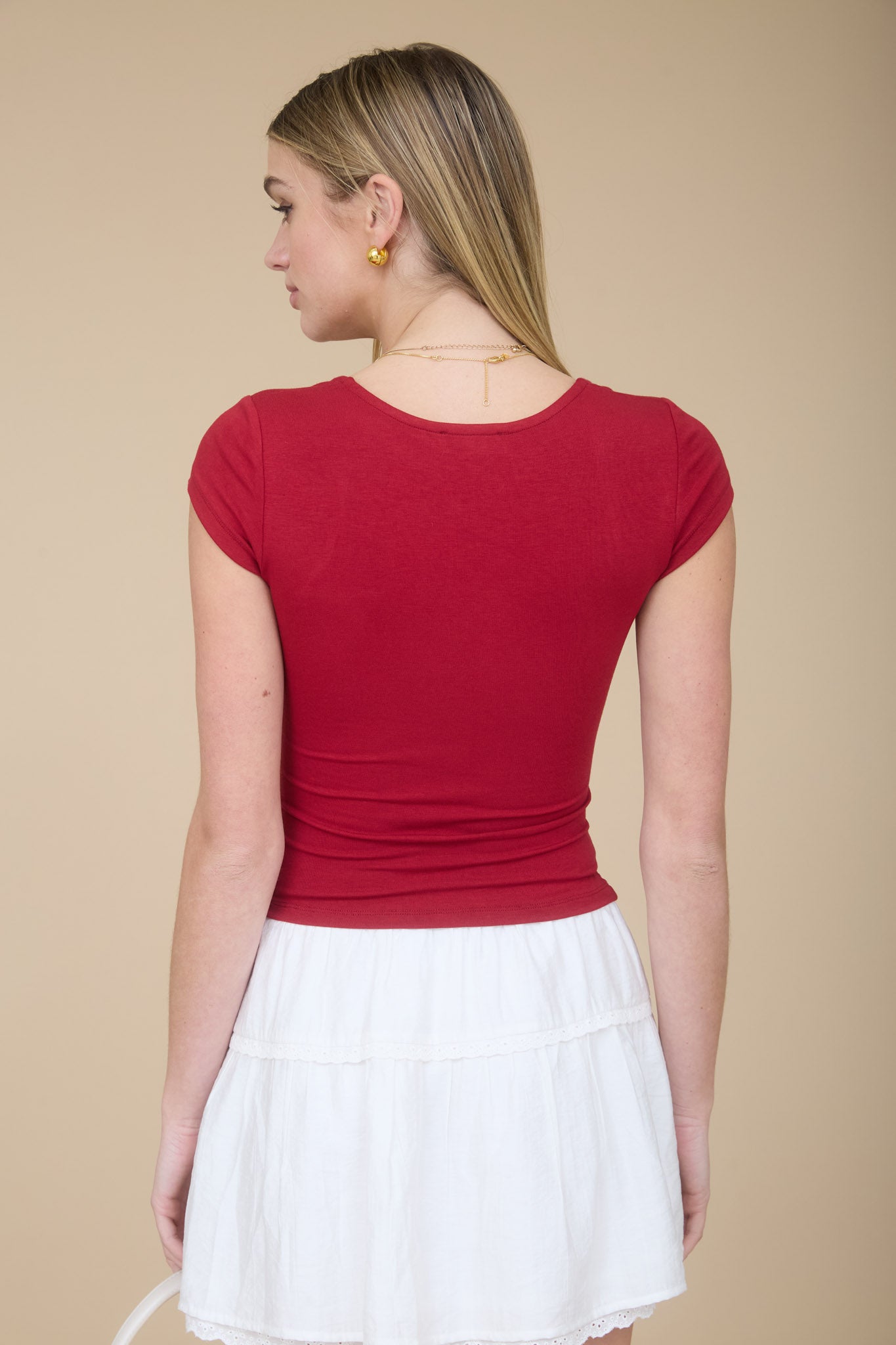 SHORT SLEEVE SQUARE NECKLINE KNIT TOP