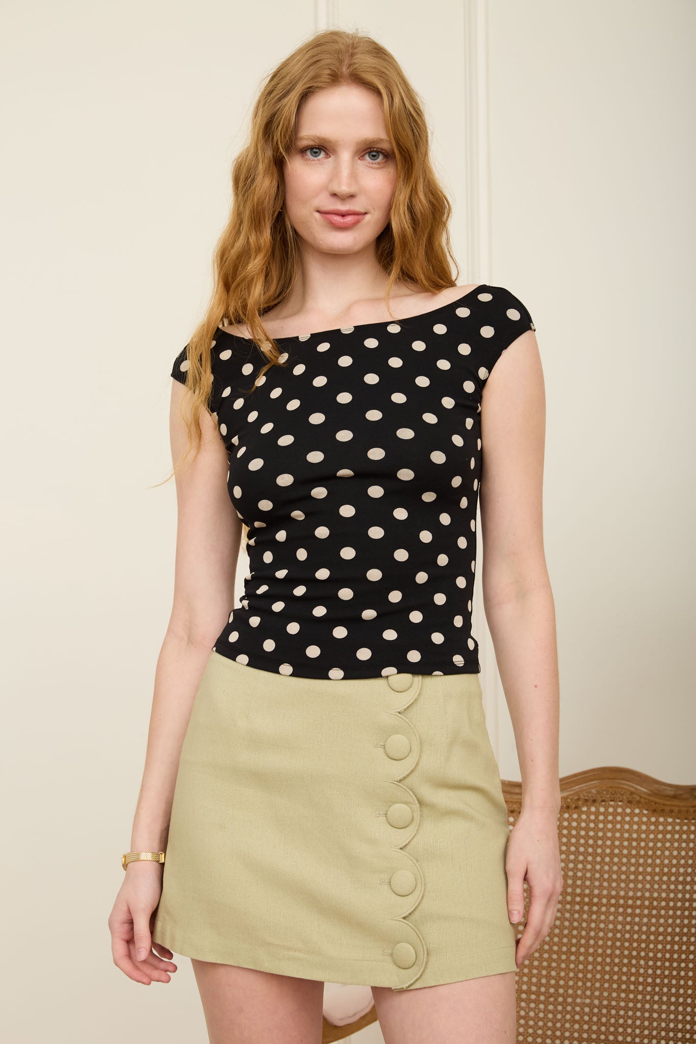 POLKA DOT BOAT NECK SEAMLESS KNIT TOP (PRE-ORDER)