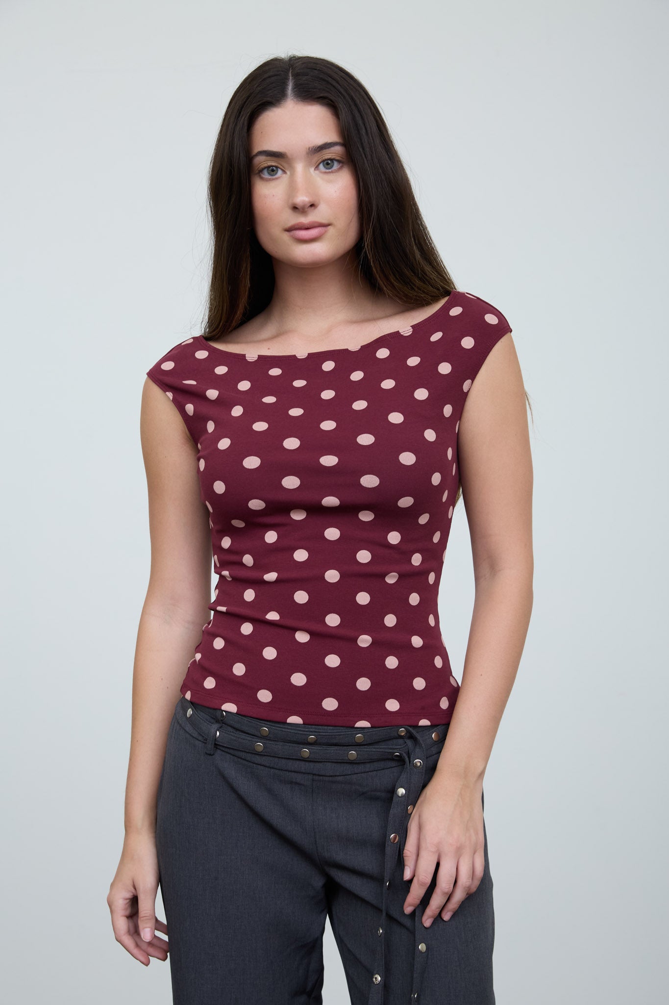 POLKA DOT BOAT NECK SEAMLESS KNIT TOP (PRE-ORDER)