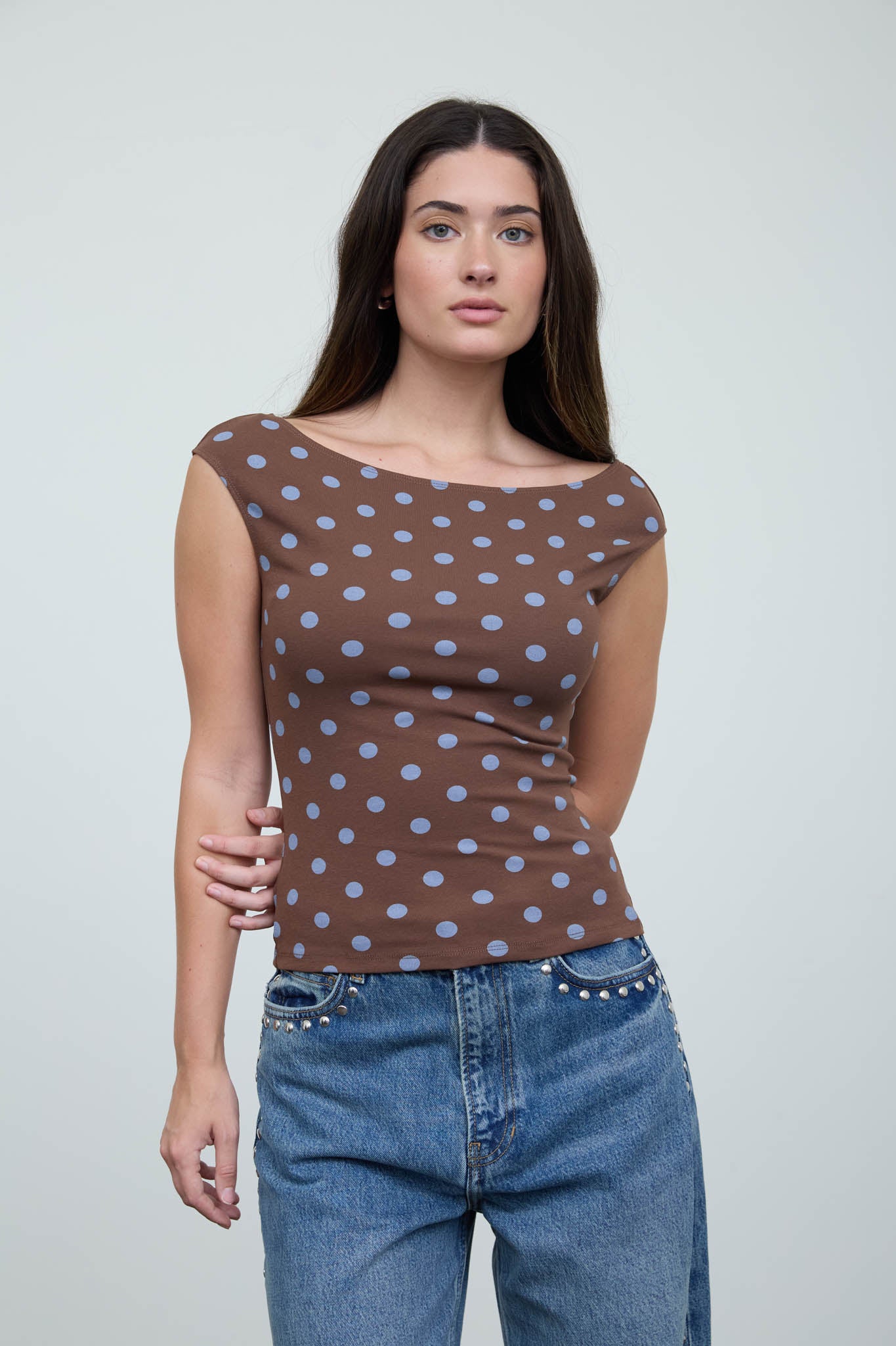 POLKA DOT BOAT NECK SEAMLESS KNIT TOP (PRE-ORDER)