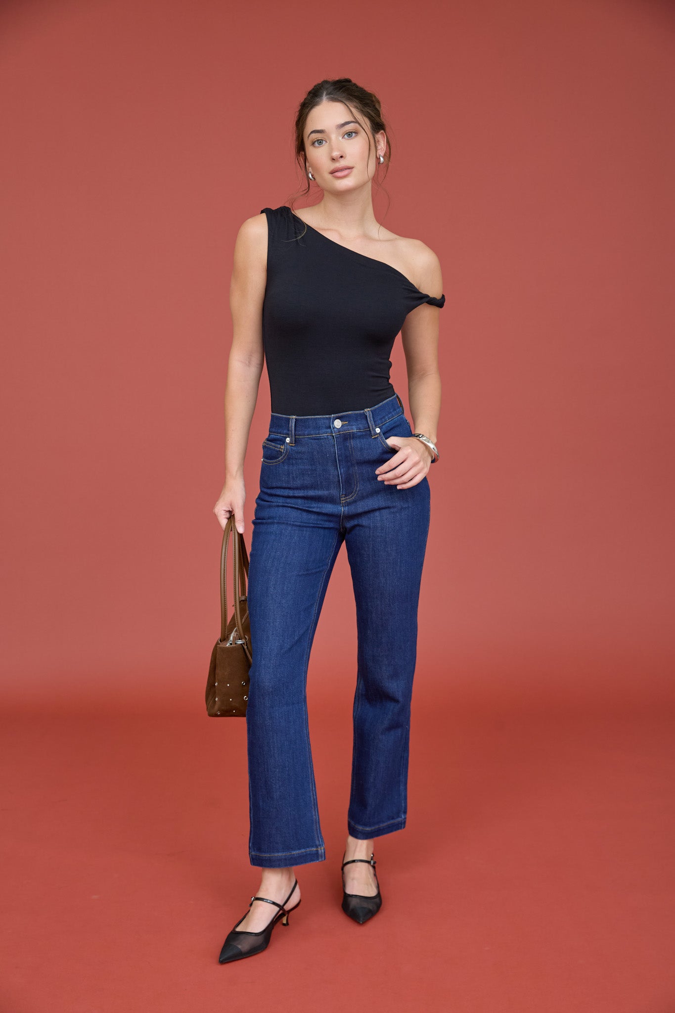 ASYMMETRICAL NECK TWIST SHOULDER KNIT TOP