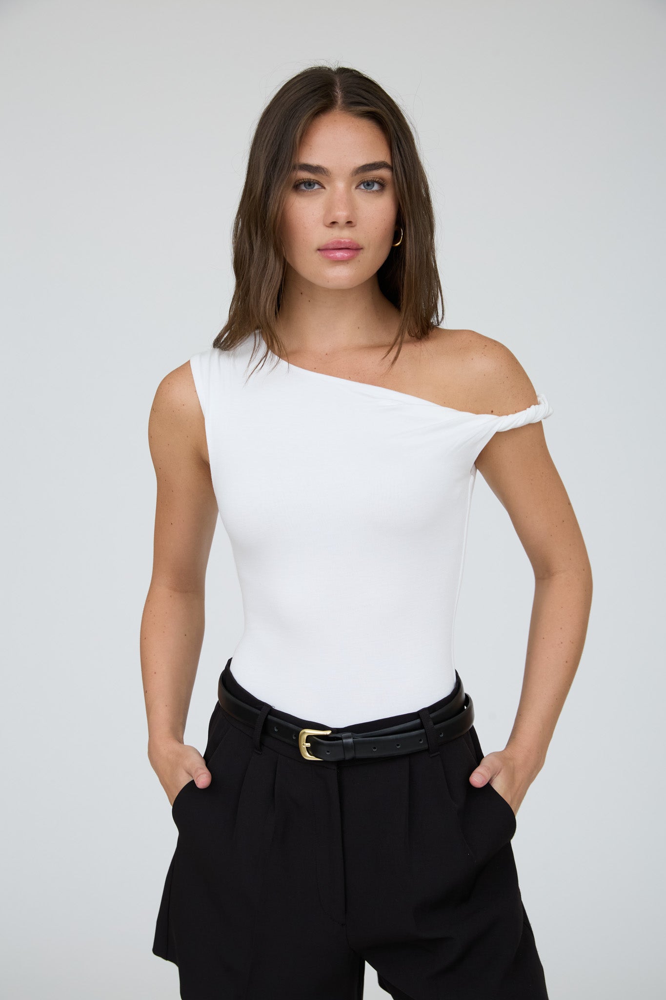 ASYMMETRICAL NECK TWIST SHOULDER KNIT TOP