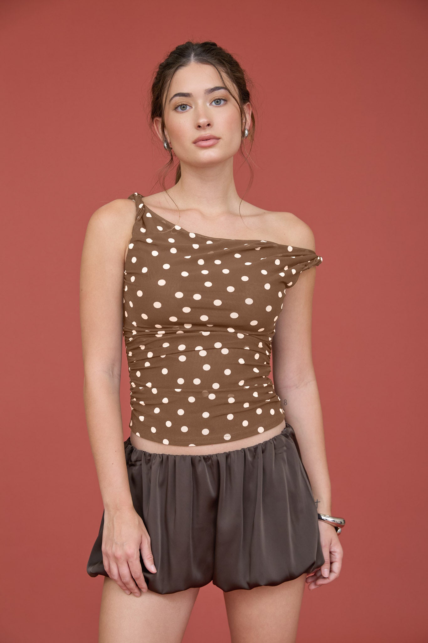POLKA DOT ASYMMETRICAL TWIST DETAIL MESH KNIT TOP