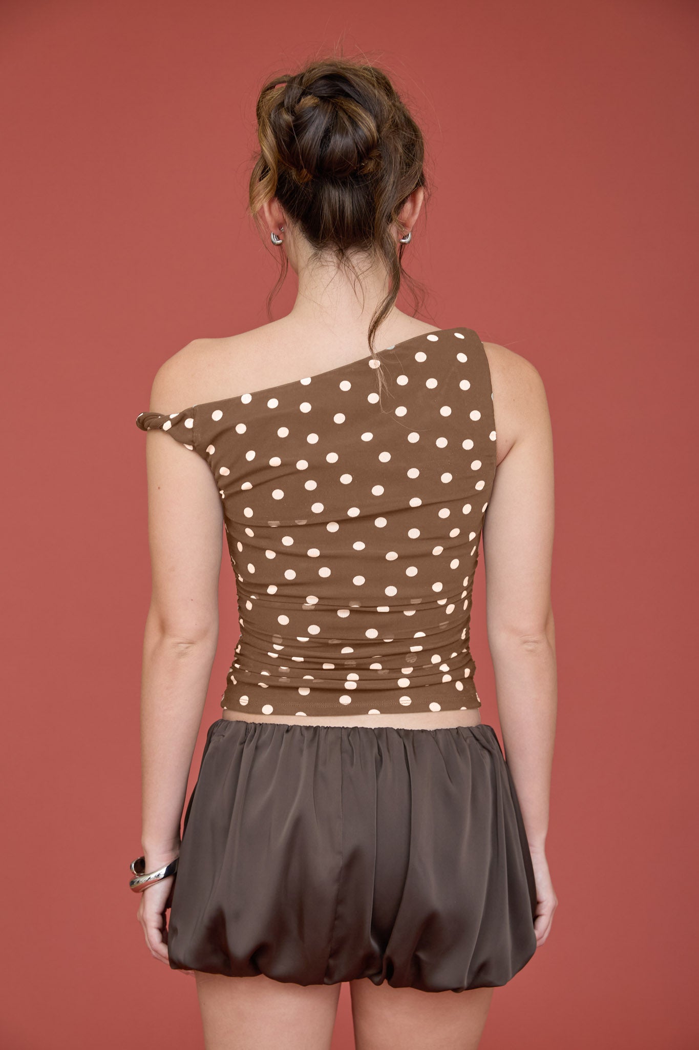 POLKA DOT ASYMMETRICAL TWIST DETAIL MESH KNIT TOP