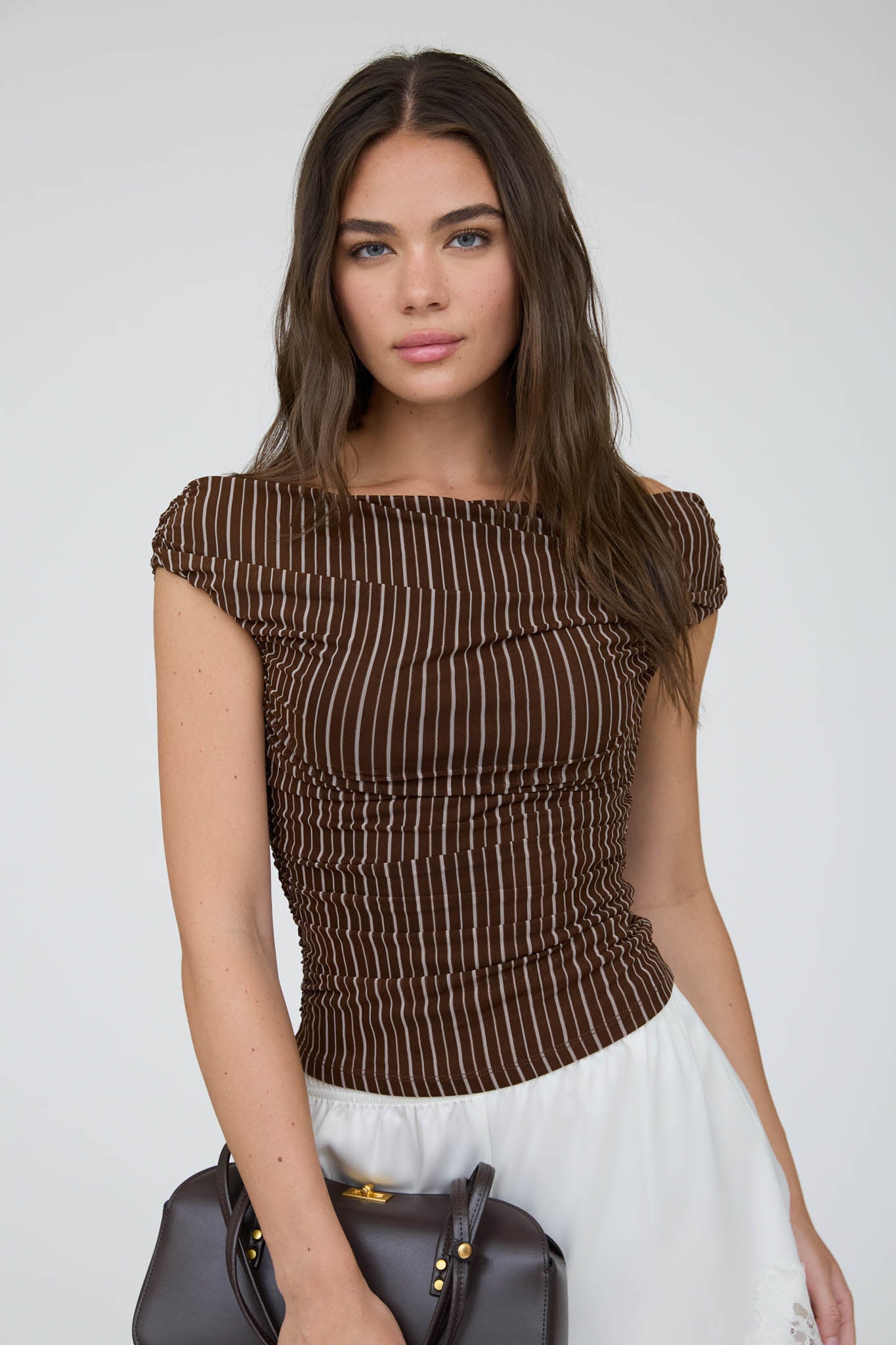 STRIPE OFF THE SHOULDER RUCHED DETAIL KNIT TOP (PRE-ORDER)