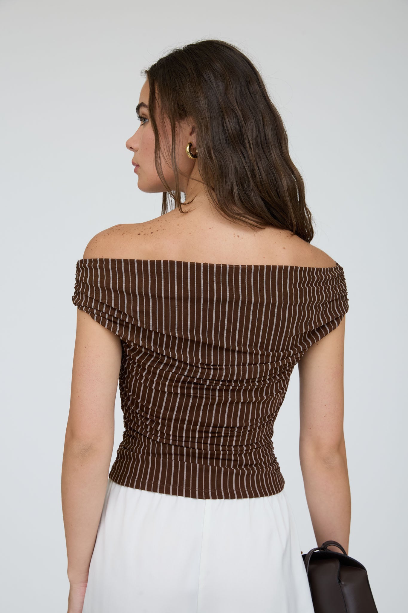 STRIPE OFF THE SHOULDER RUCHED DETAIL KNIT TOP (PRE-ORDER)