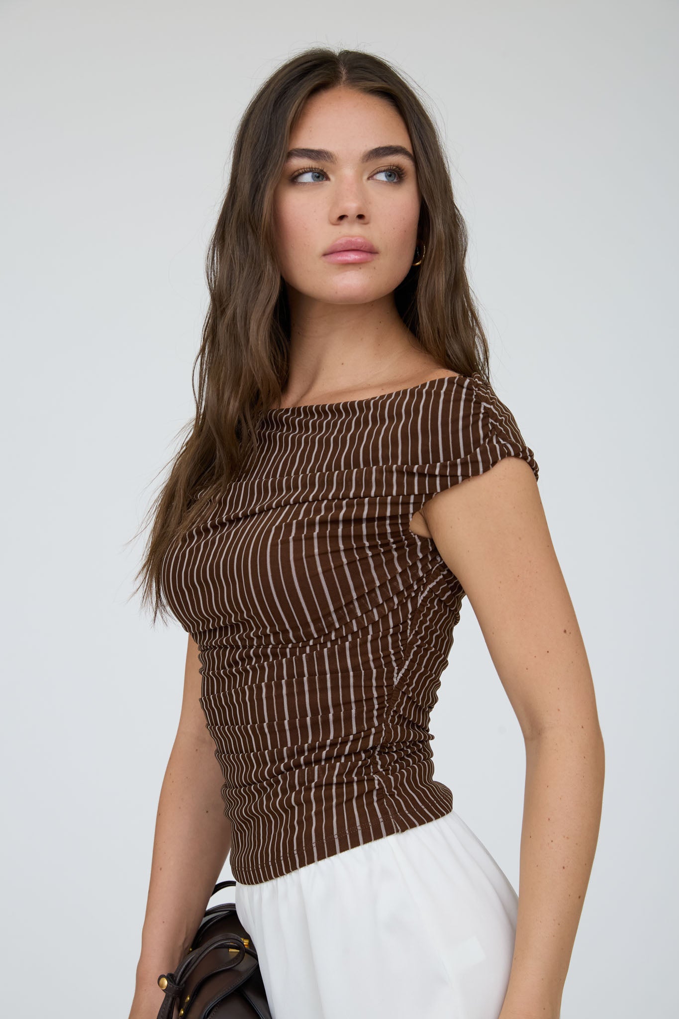 STRIPE OFF THE SHOULDER RUCHED DETAIL KNIT TOP (PRE-ORDER)