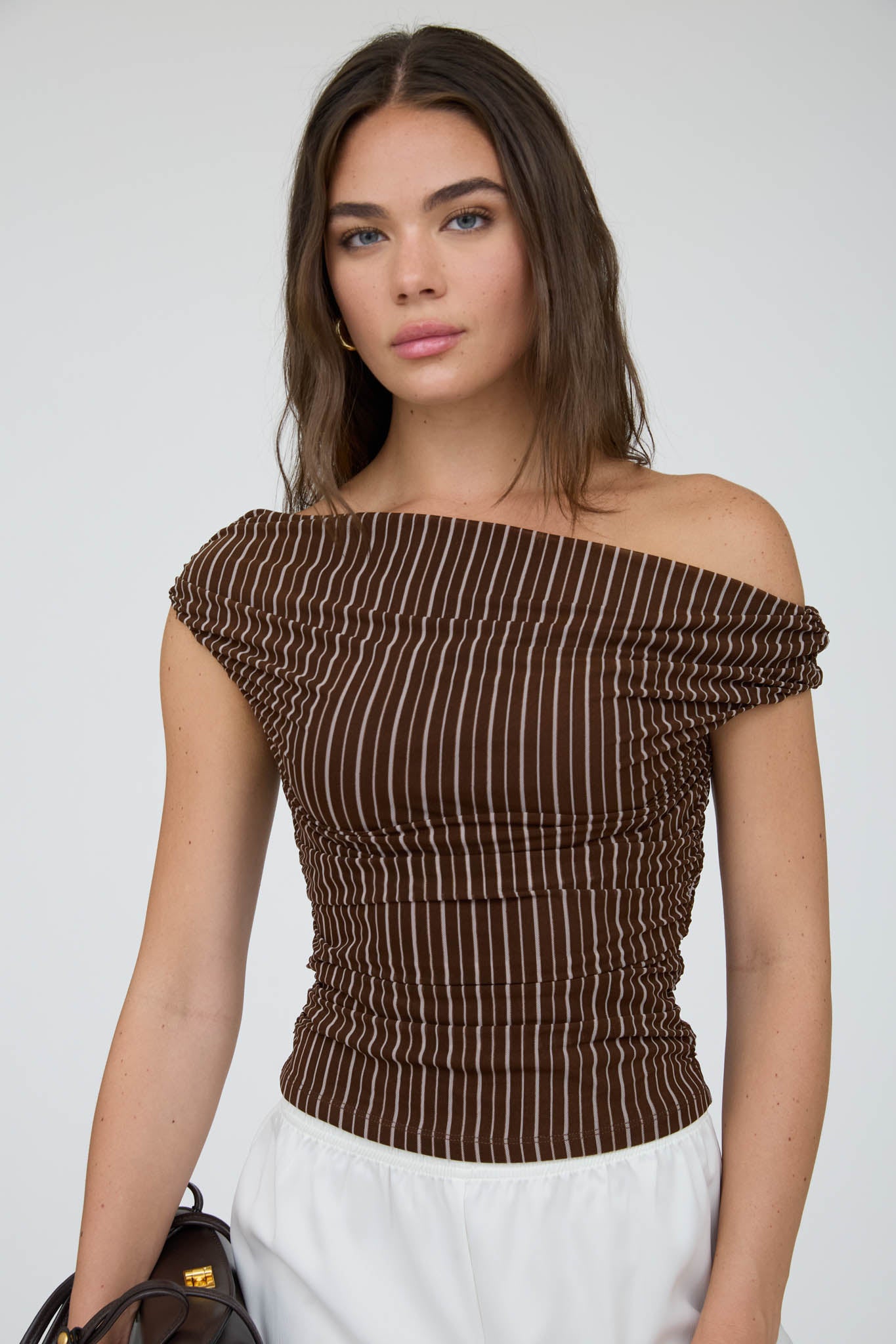 STRIPE OFF THE SHOULDER RUCHED DETAIL KNIT TOP (PRE-ORDER)