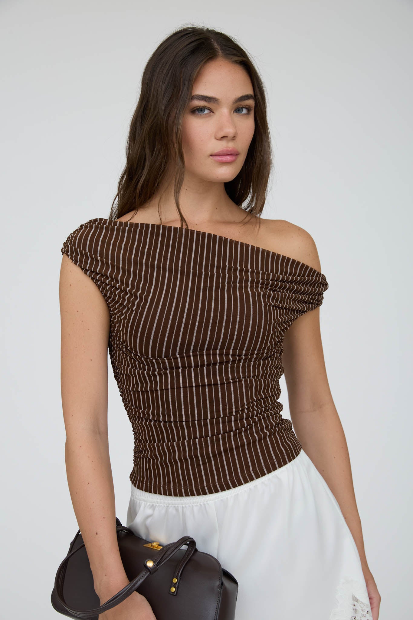 STRIPE OFF THE SHOULDER RUCHED DETAIL KNIT TOP (PRE-ORDER)