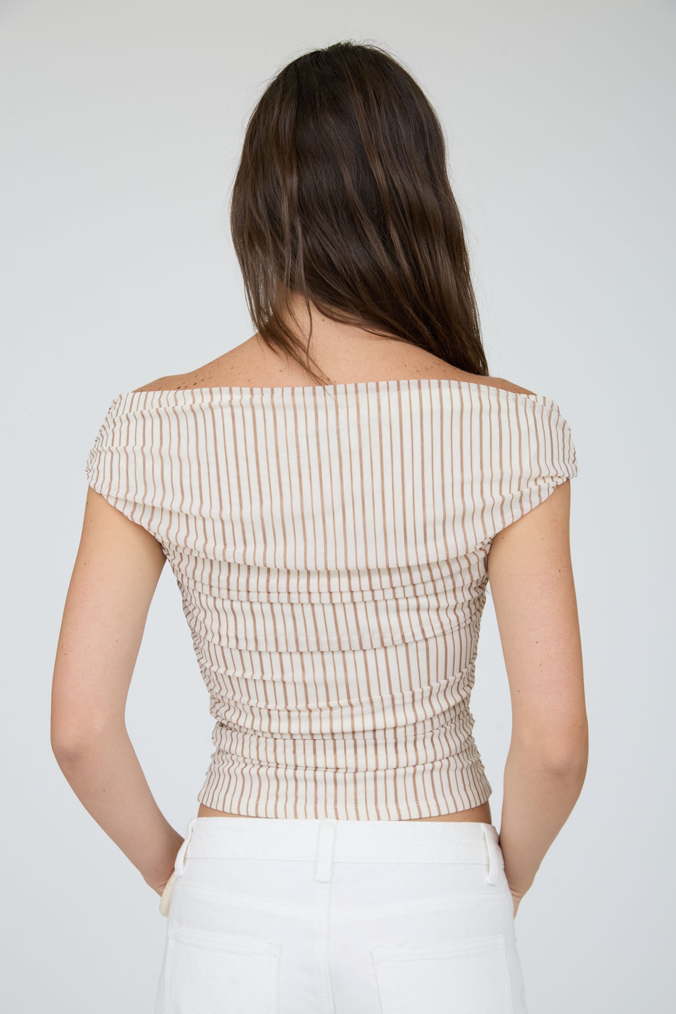 STRIPE OFF THE SHOULDER RUCHED DETAIL KNIT TOP (PRE-ORDER)
