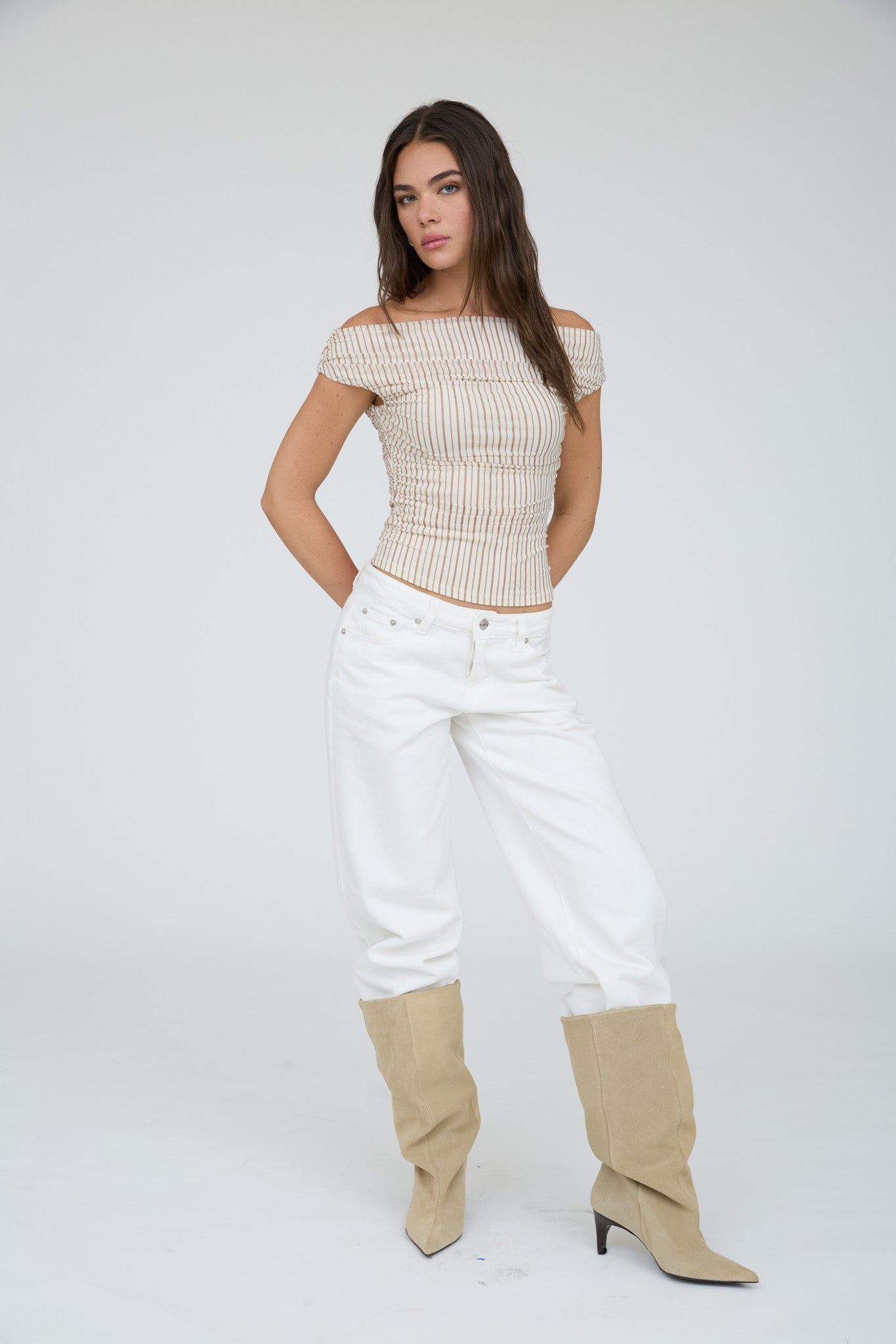 STRIPE OFF THE SHOULDER RUCHED DETAIL KNIT TOP (PRE-ORDER)