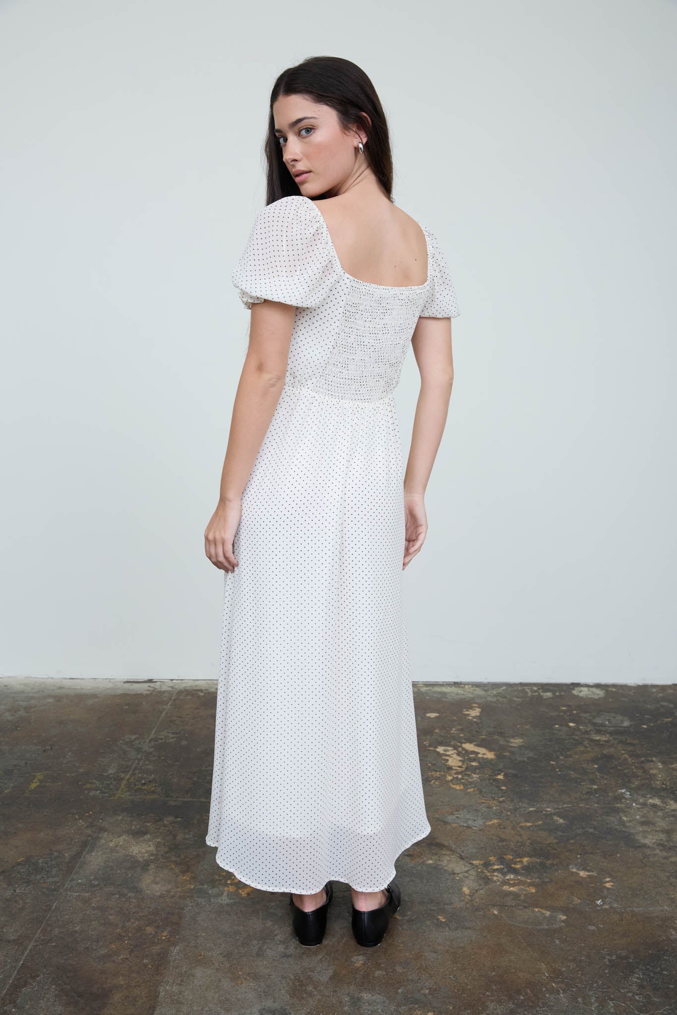 POLKA DOT SWEETHEART PUFF SLEEVE MESH MIDI DRESS