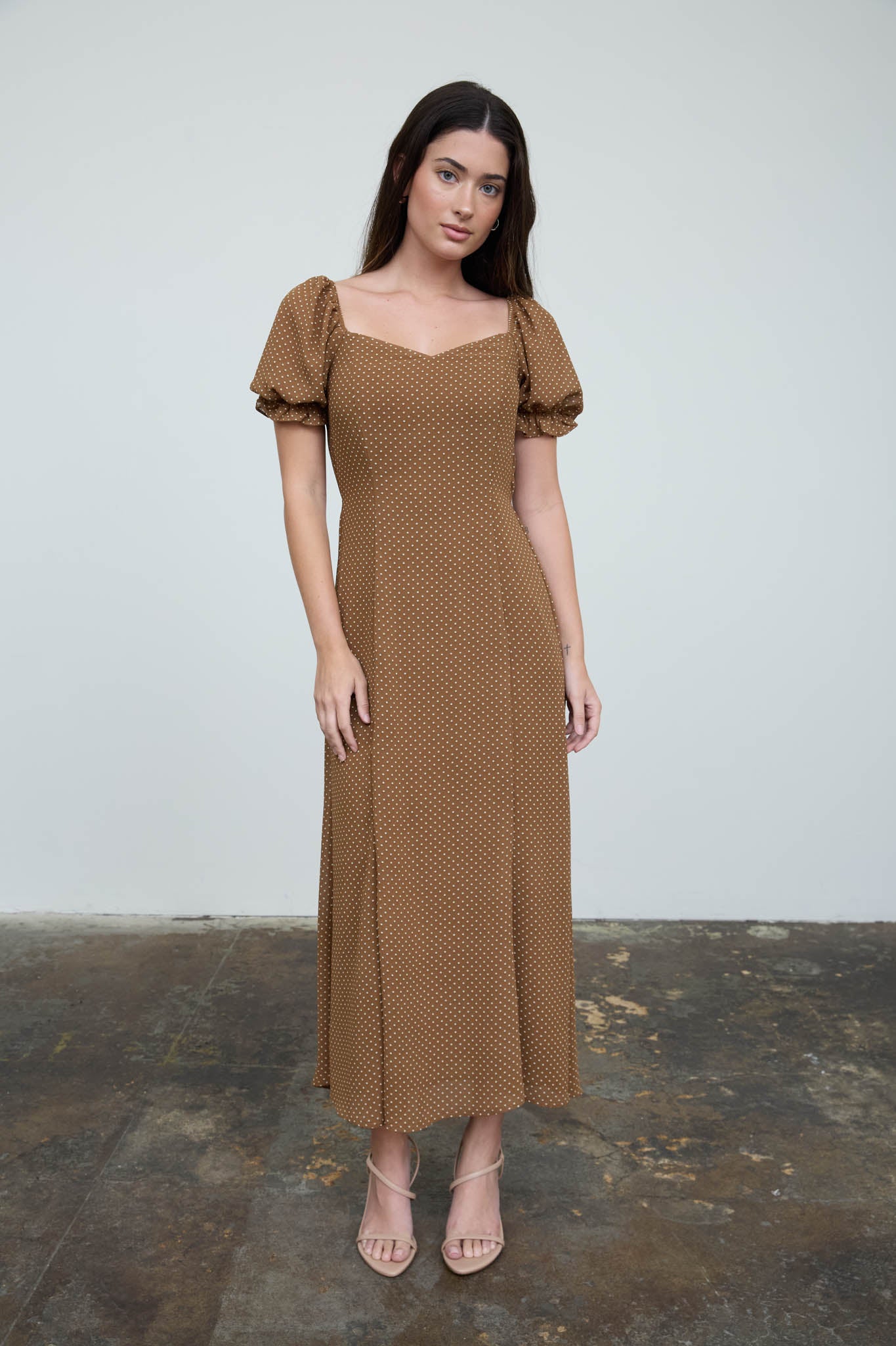 POLKA DOT SWEETHEART PUFF SLEEVE MESH MIDI DRESS