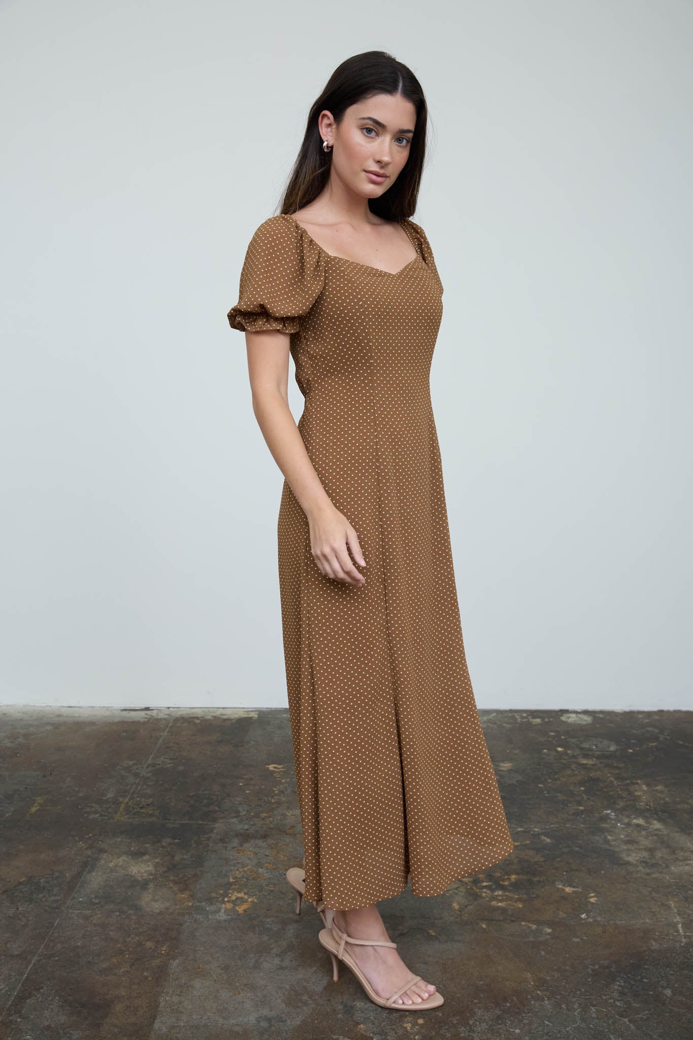 POLKA DOT SWEETHEART PUFF SLEEVE MESH MIDI DRESS