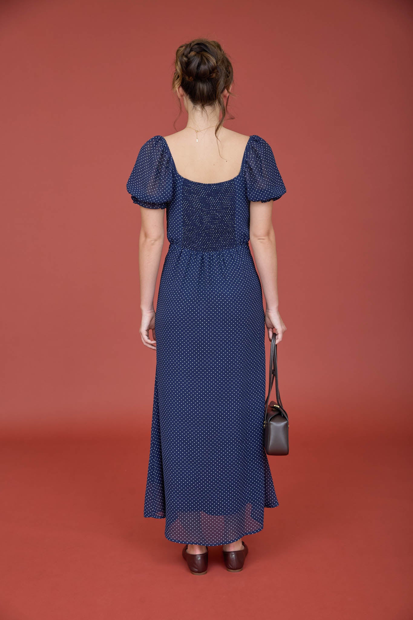 POLKA DOT SWEETHEART PUFF SLEEVE MESH MIDI DRESS
